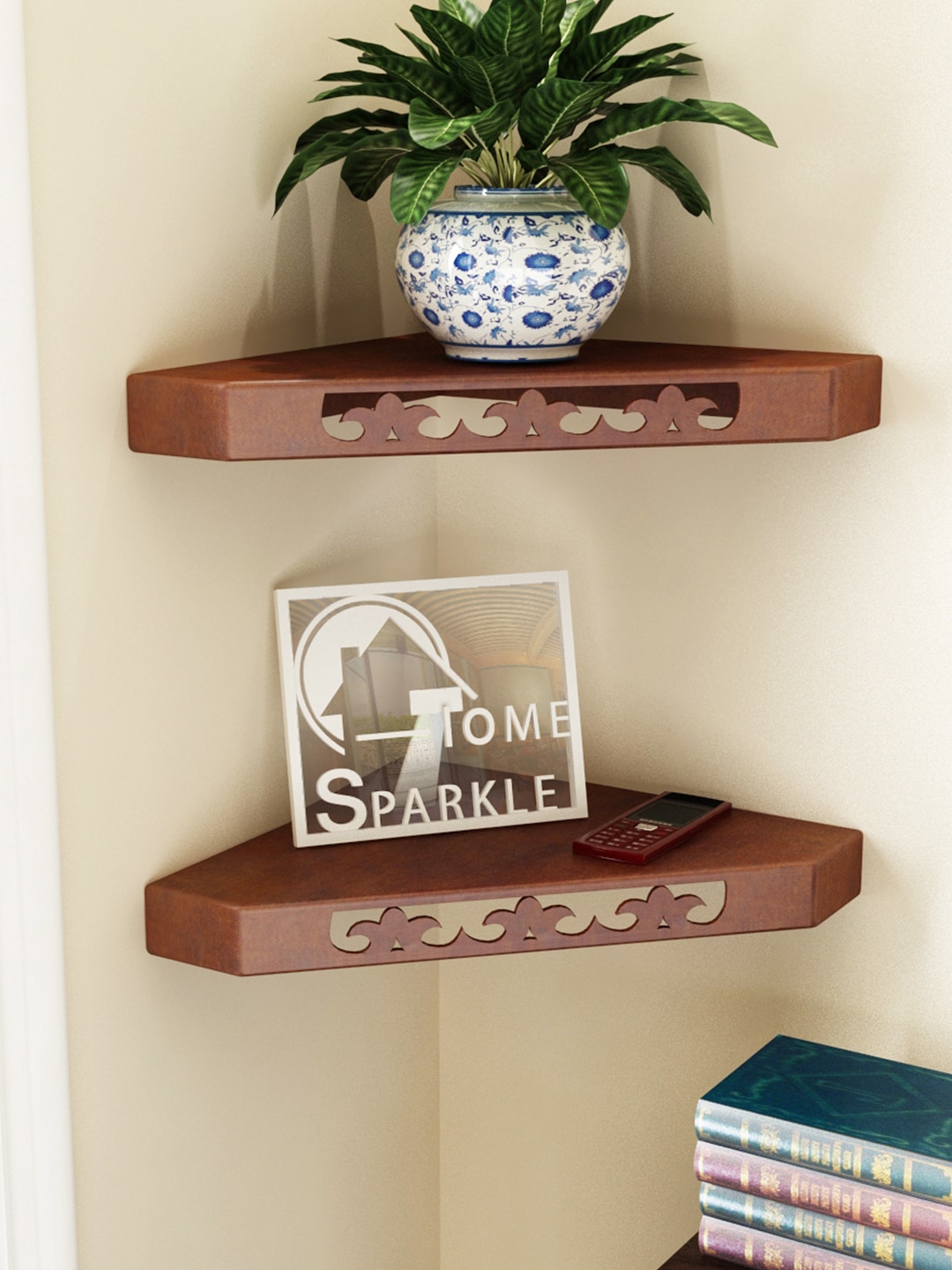 Home Sparkle Brown Set of 2 Corner Wall Shelves Price in India