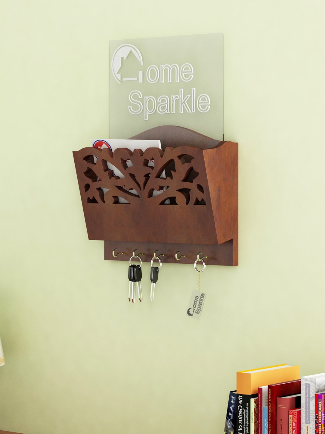 Home Sparkle Brown Carved Engineered Wood Letter Rack with Key Holder Price in India