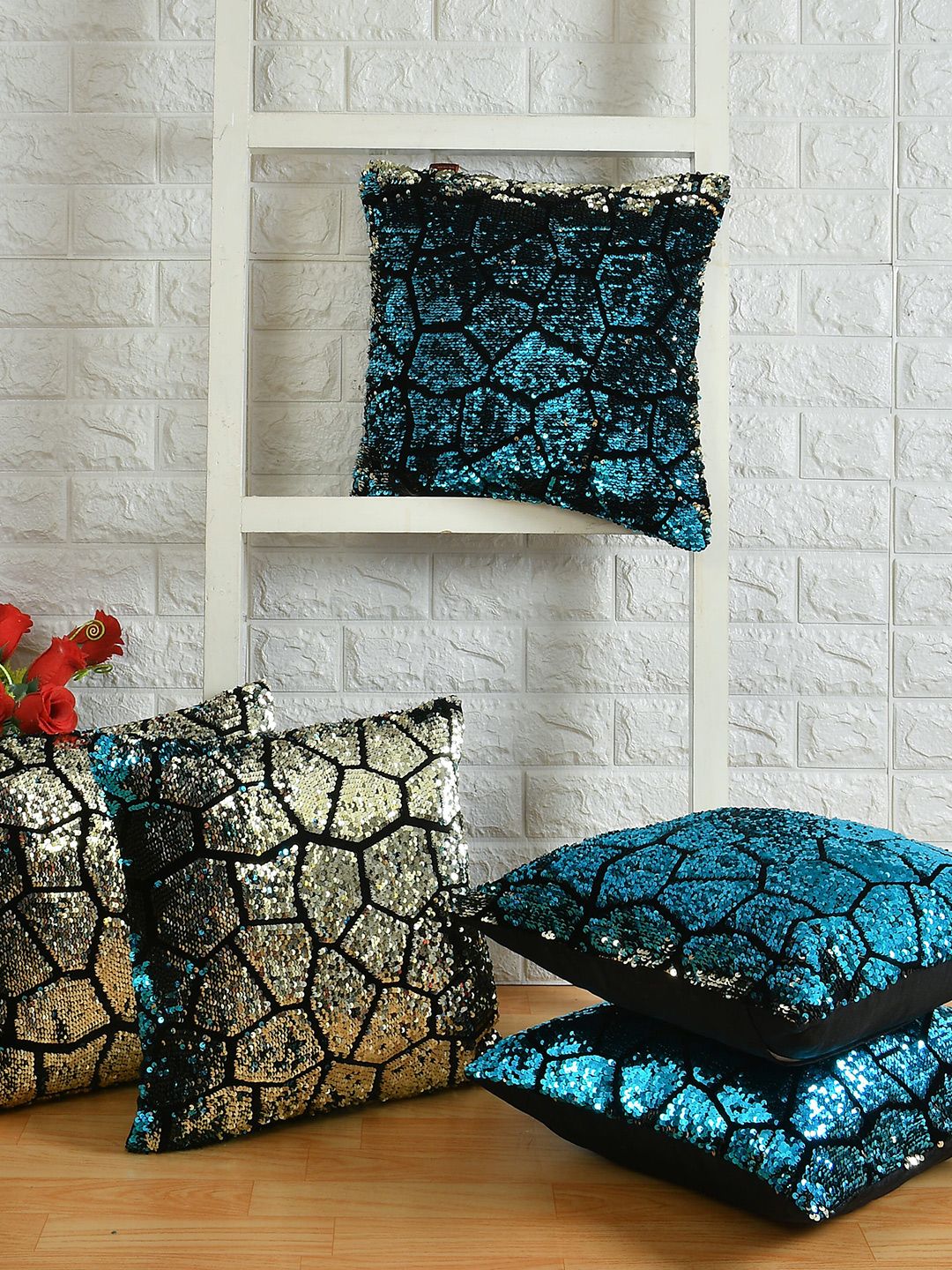AEROHAVEN Blue & Black Set of 5 16" X 16 " Embellished Square Cushion Covers Price in India