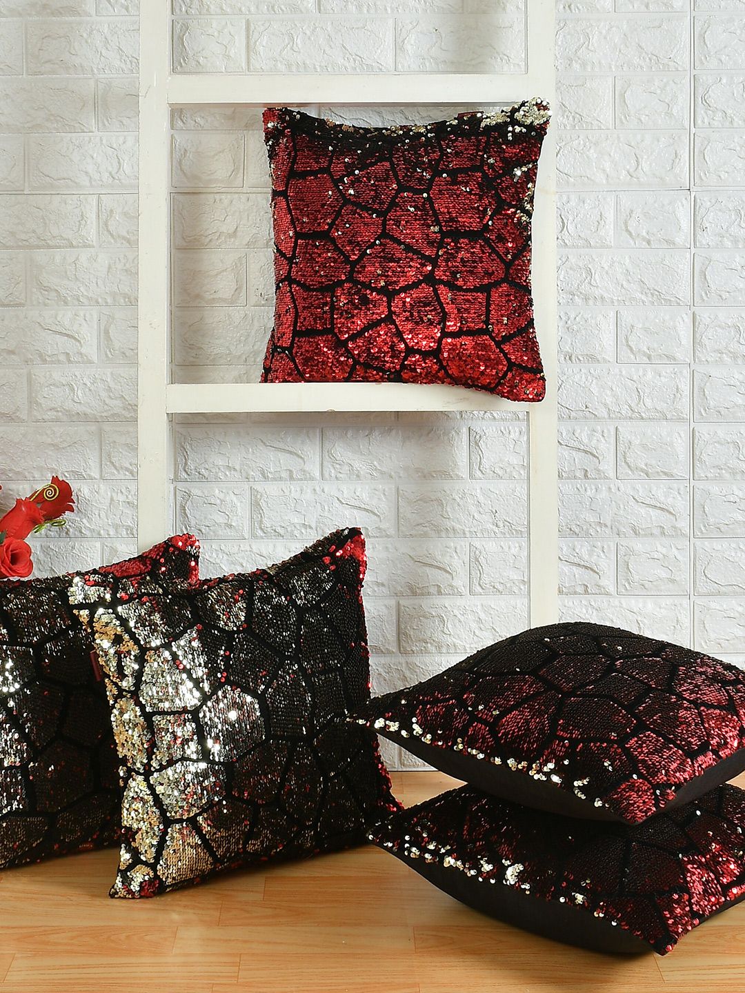 AEROHAVEN Red & Black Set of 5 Embellished Square Cushion Covers Price in India