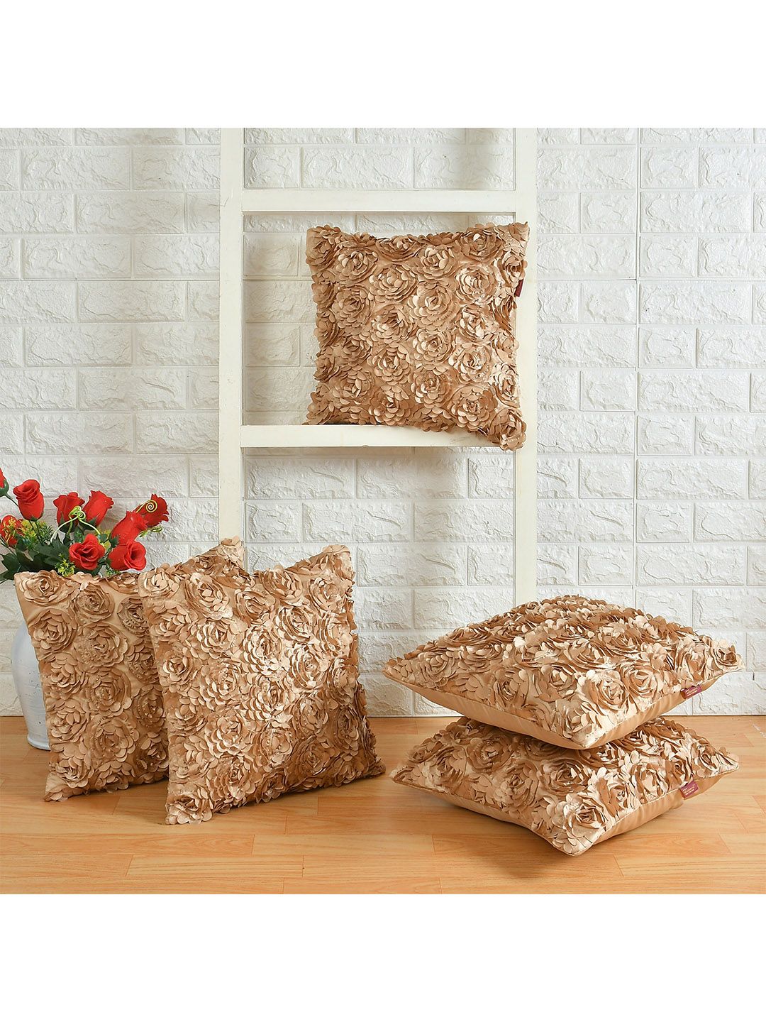 AEROHAVEN Brown Set of 5 Floral Square Cushion Covers Price in India