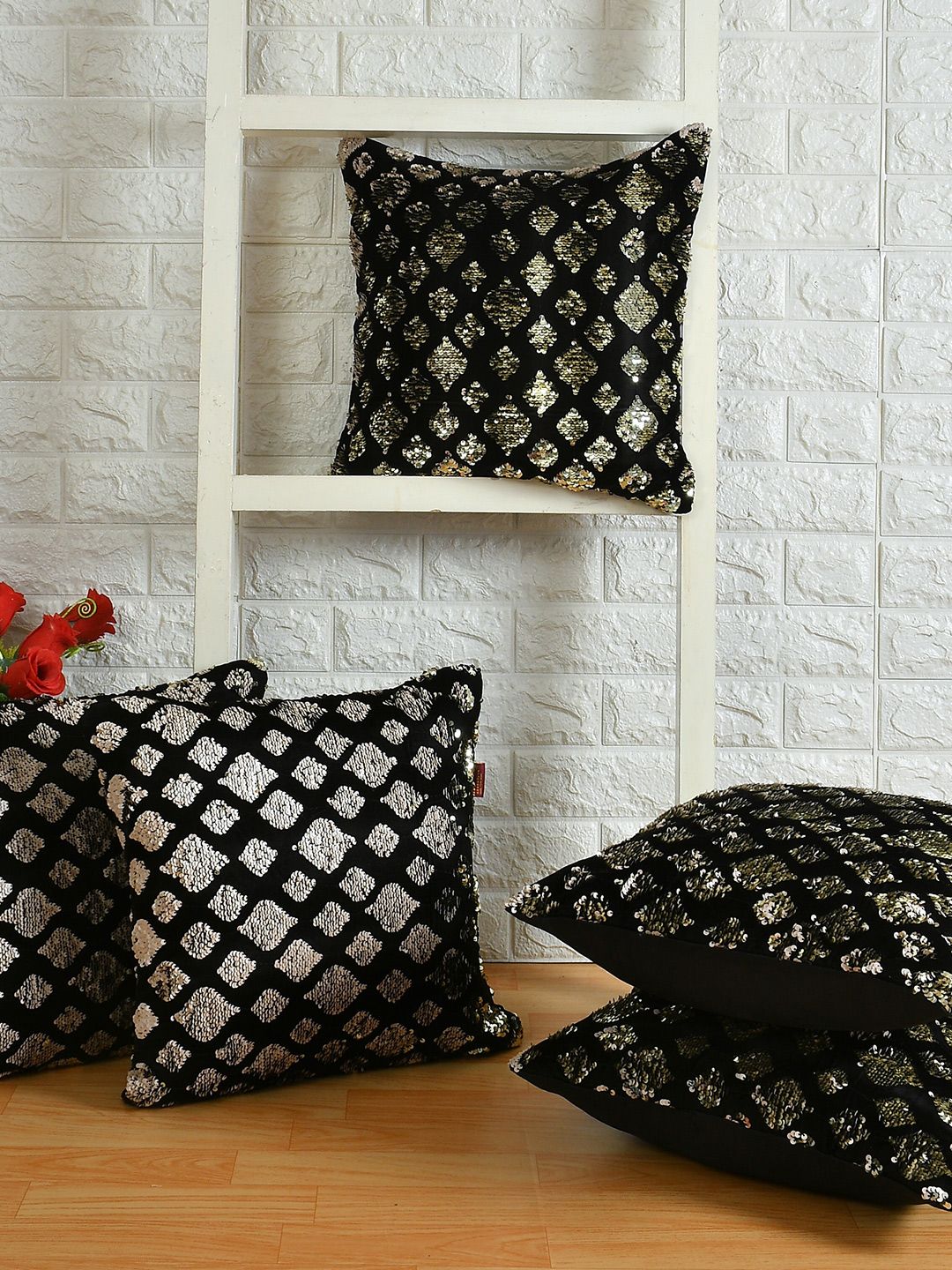 AEROHAVEN Gold-Toned & Black Set of 5 Embellished Square Cushion Covers Price in India