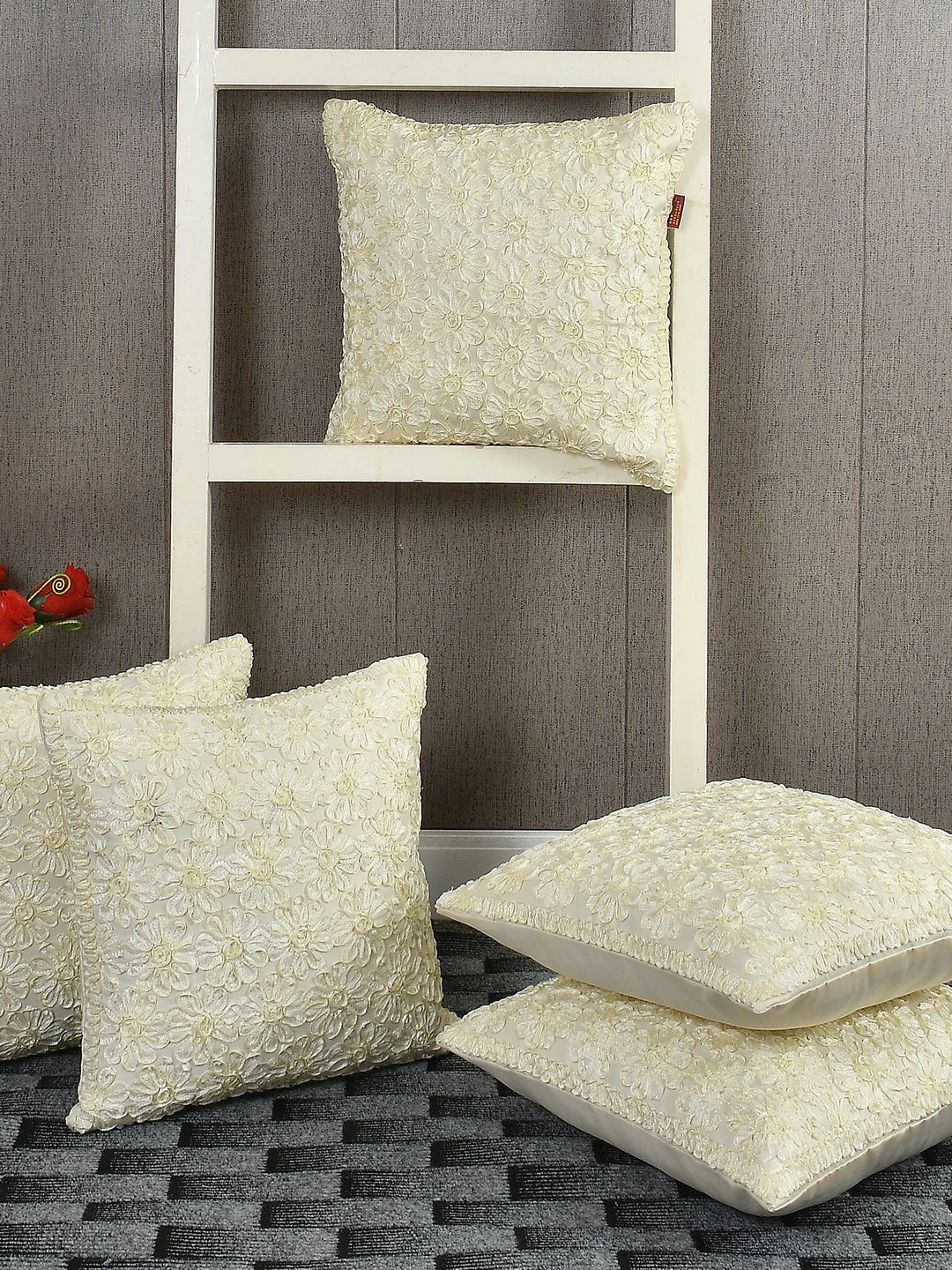 AEROHAVEN Beige Set of 5 Floral Embellished Square Cushion Covers Price in India