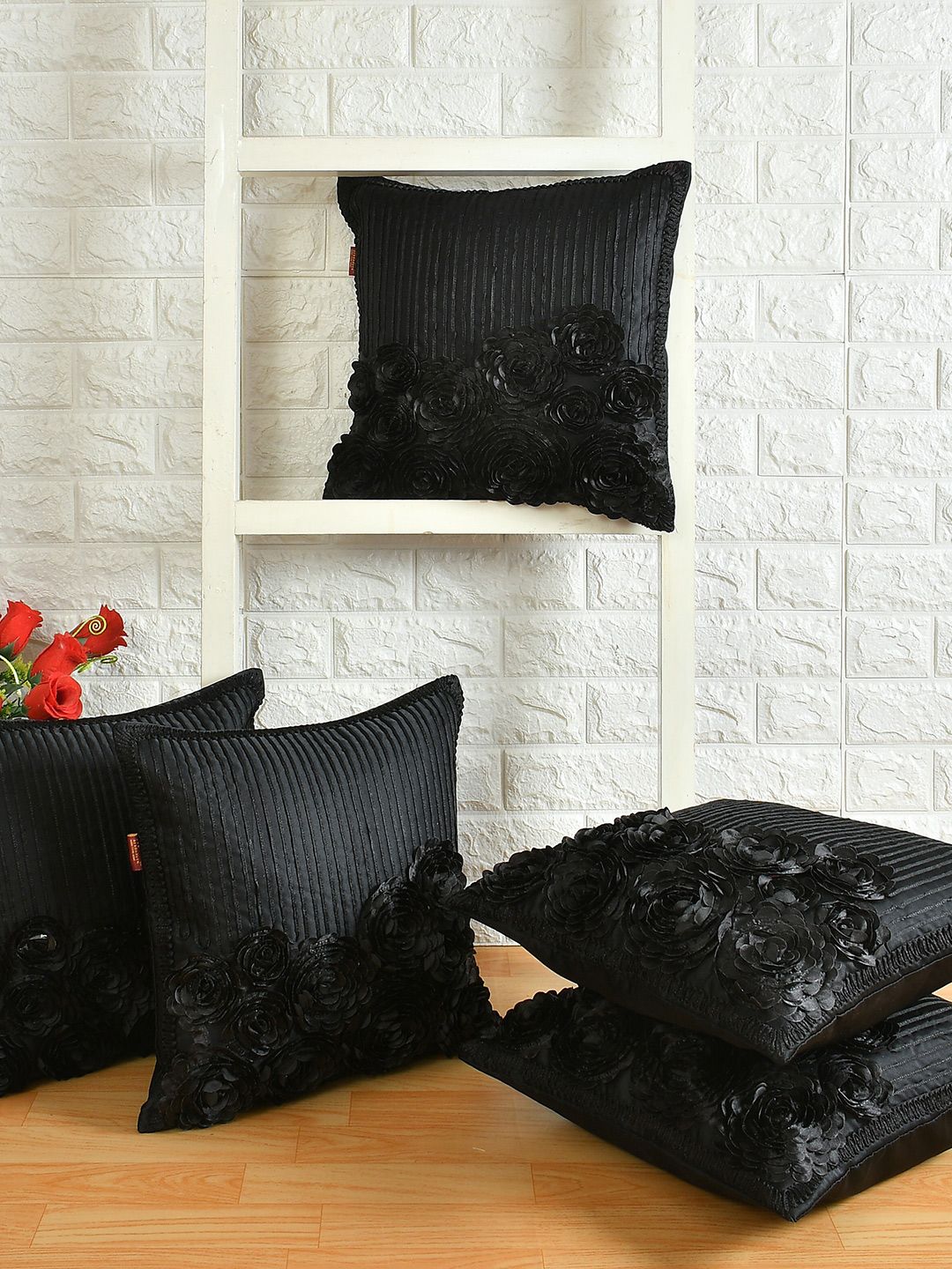 AEROHAVEN Black Set of 5 Quirky Square Cushion Covers Price in India