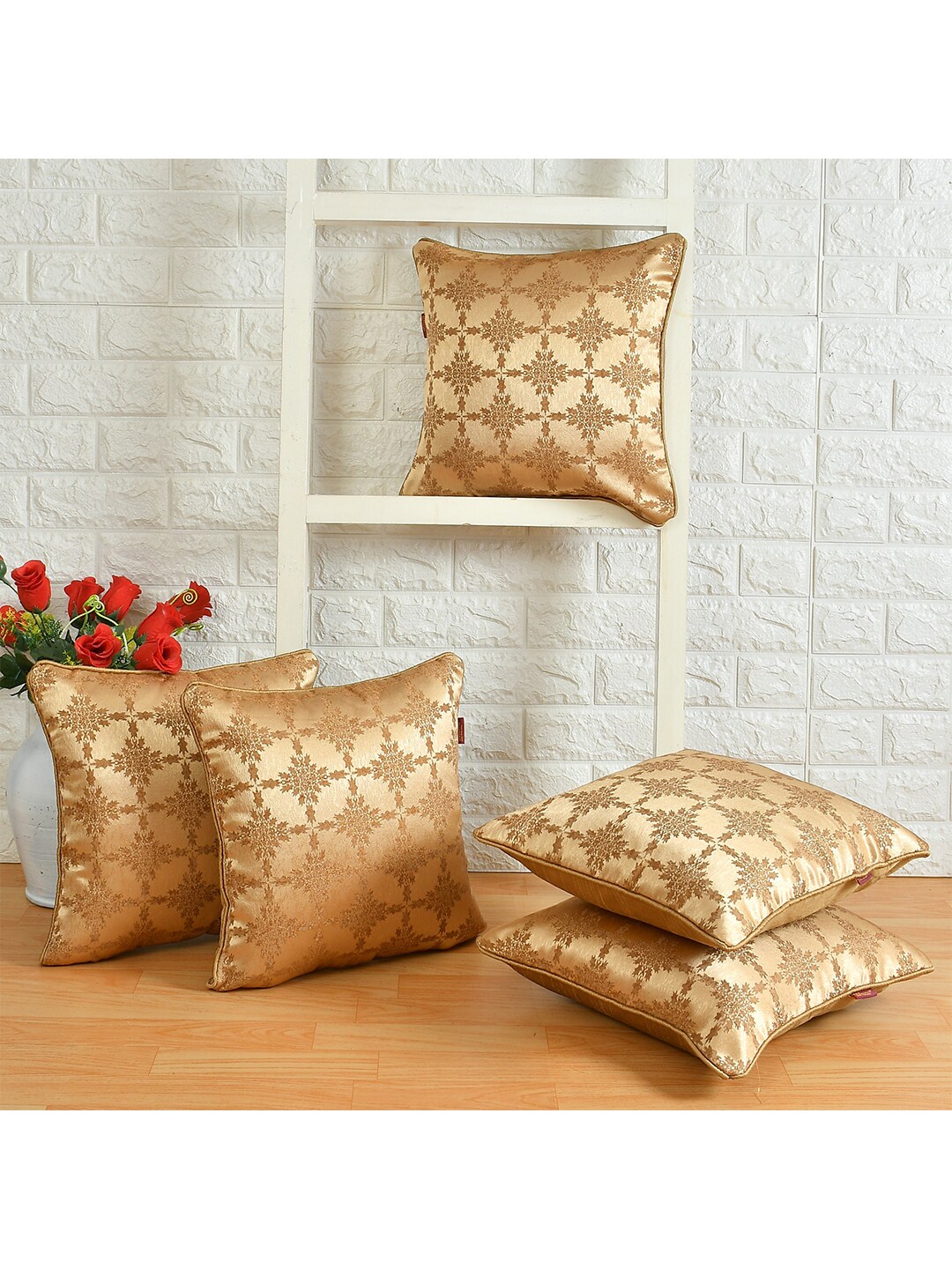 AEROHAVEN Beige & Brown Set of 5 Ethnic Motifs Square Cushion Covers Price in India