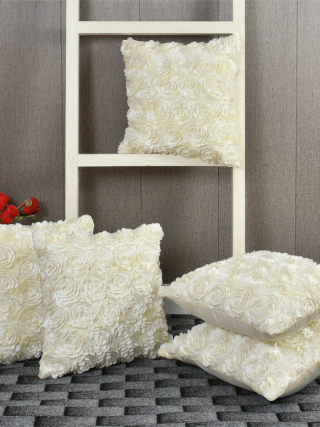 AEROHAVEN Beige Set of 5 Embellished Square Cushion Covers Price in India
