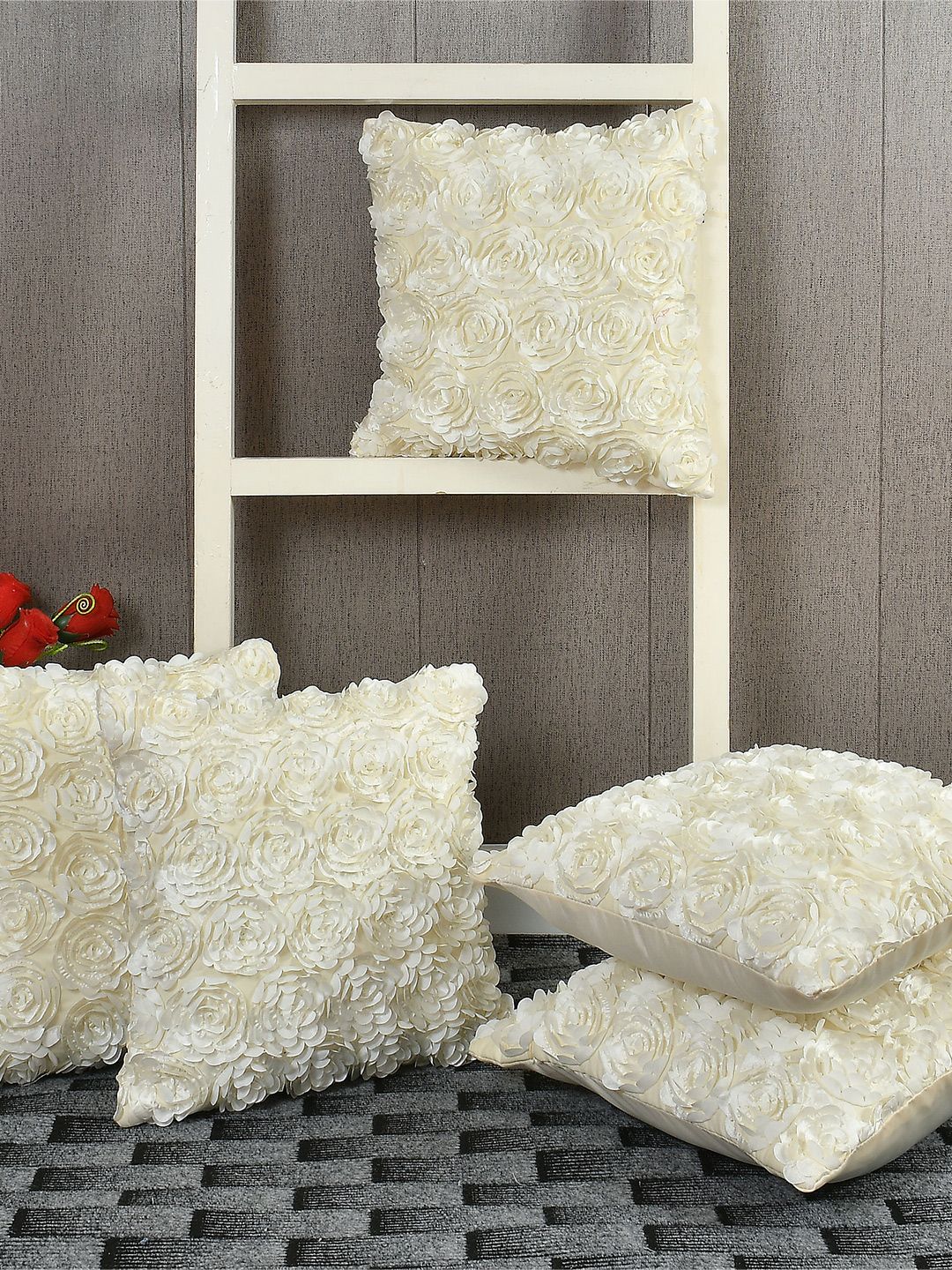 AEROHAVEN Beige Set of 5 Embellished Square Cushion Covers Price in India