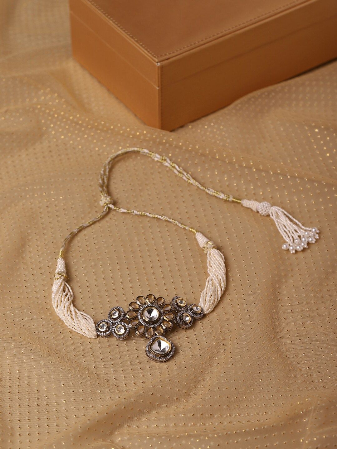 RITU SINGH White & Cream-Coloured Rhodium-Plated Handcrafted Necklace Price in India