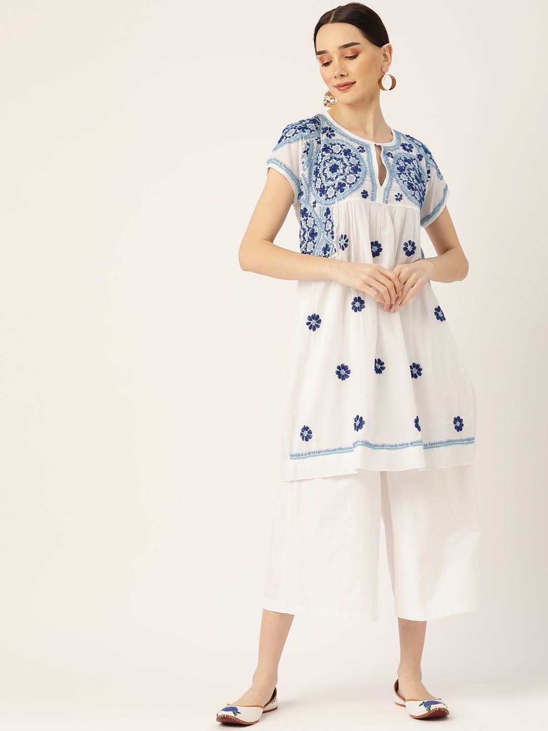 HOUSE OF KARI White & Blue Embroidered Chikankari Tunic Price in India