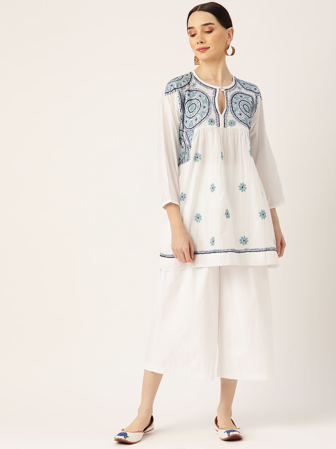 HOUSE OF KARI White & Blue Embroidered Tunic Price in India