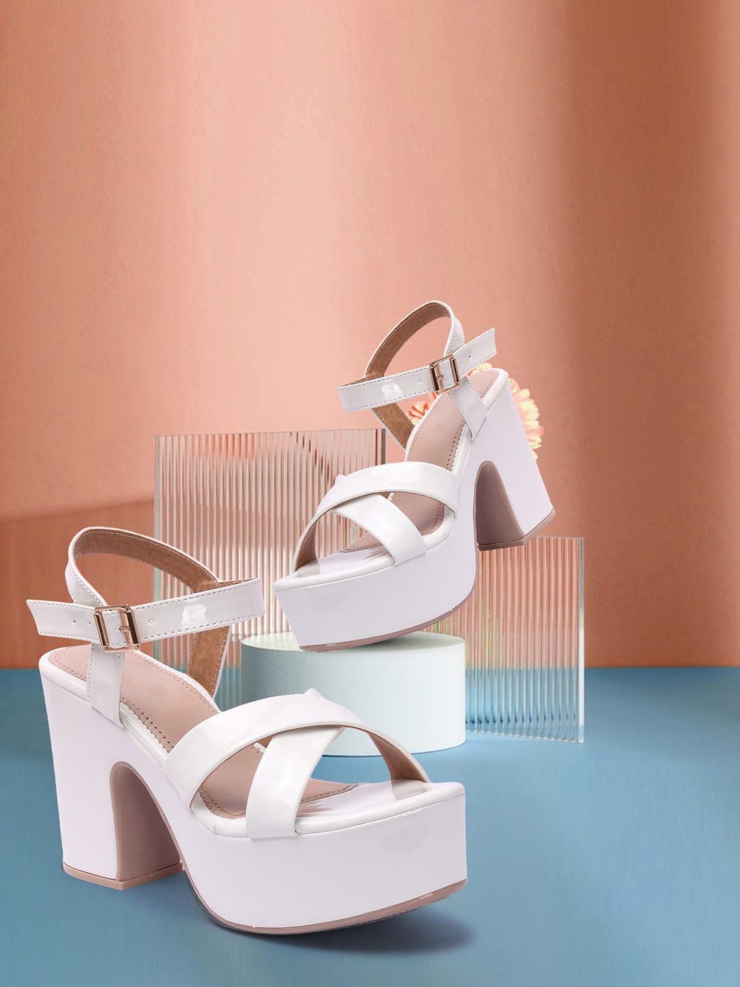 RINDAS White Block Heels with Buckles Price in India