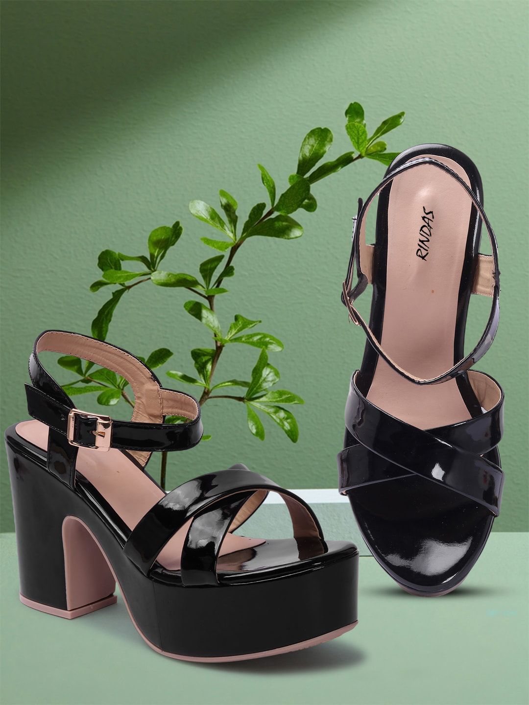 RINDAS Black Platform Synthetic Sandals with Buckles Price in India