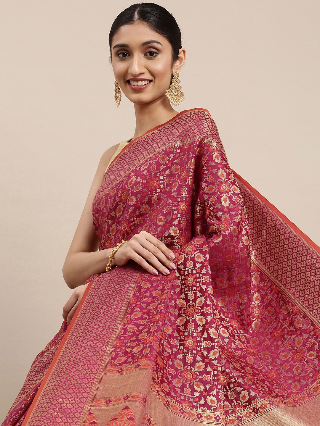 Mitera Purple & Gold-Toned Ethnic Motifs Zari Silk Blend Patola Saree Price in India