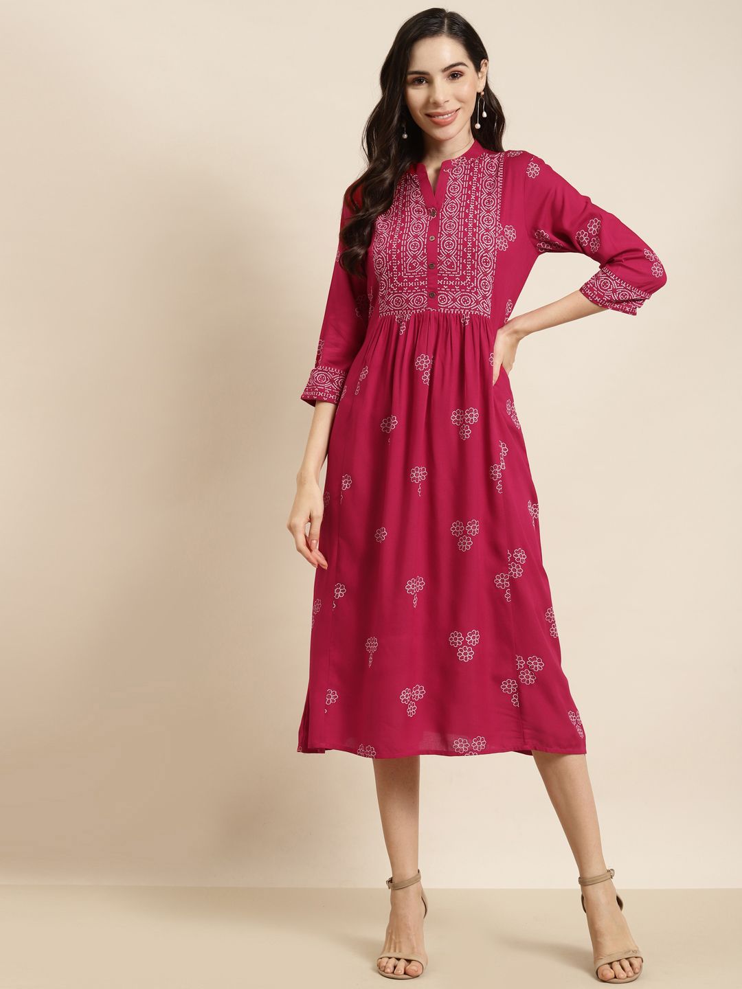 Juniper Fuchsia Ethnic Motifs Midi Dress Price in India