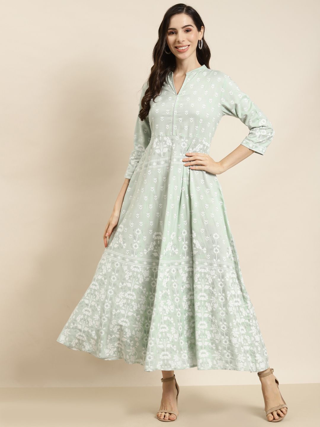 Juniper Mint Green Ethnic Motifs Ethnic Maxi Dress Price in India