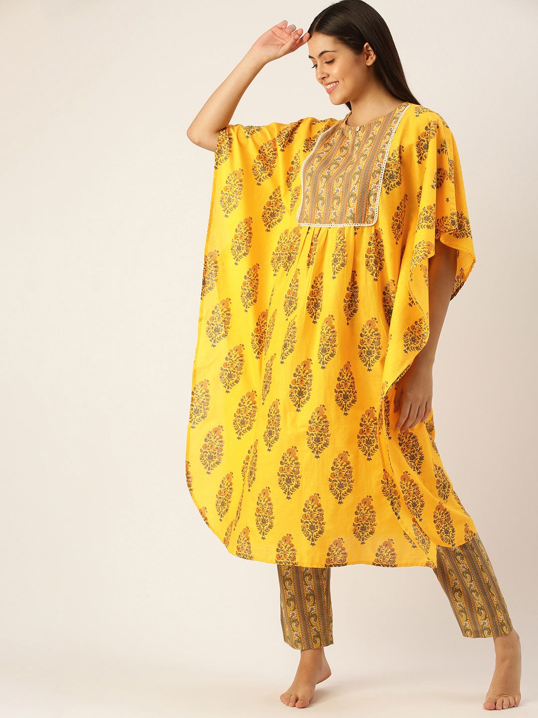 SANSKRUTIHOMES Women Yellow & Brown Pure Cotton Printed Pyjama Set Price in India