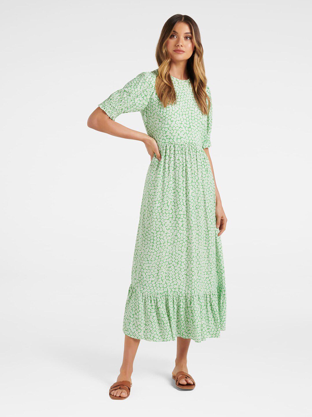 Forever New Green Floral A-Line Midi Dress Price in India