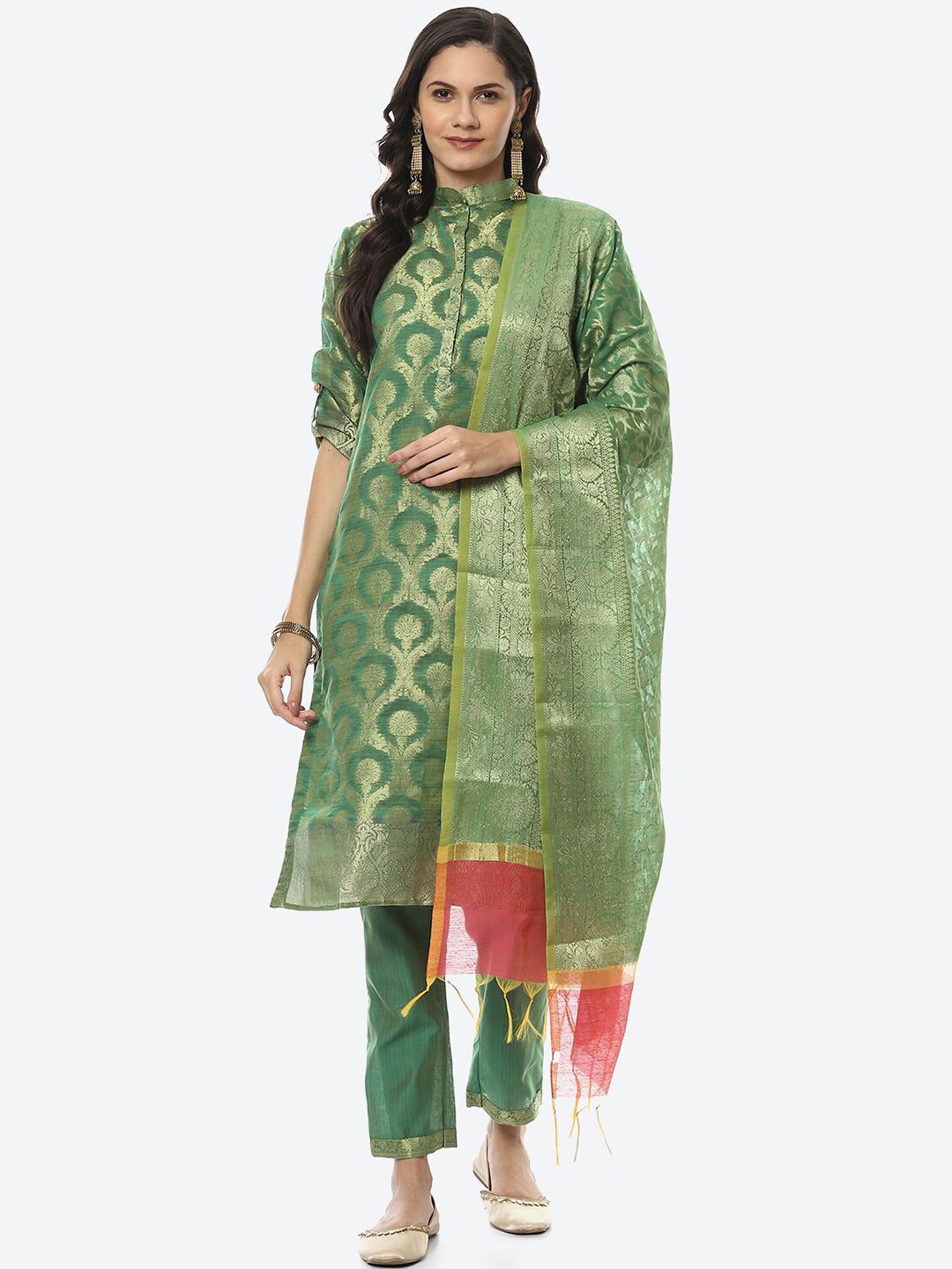 Biba Green & Gold-Toned Unstitched Dress Material Price in India