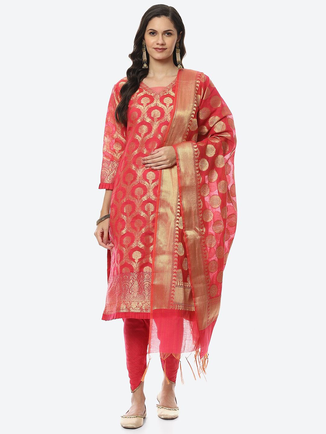 Biba Pink & Gold-Toned Printed Unstitched Dress Material Price in India