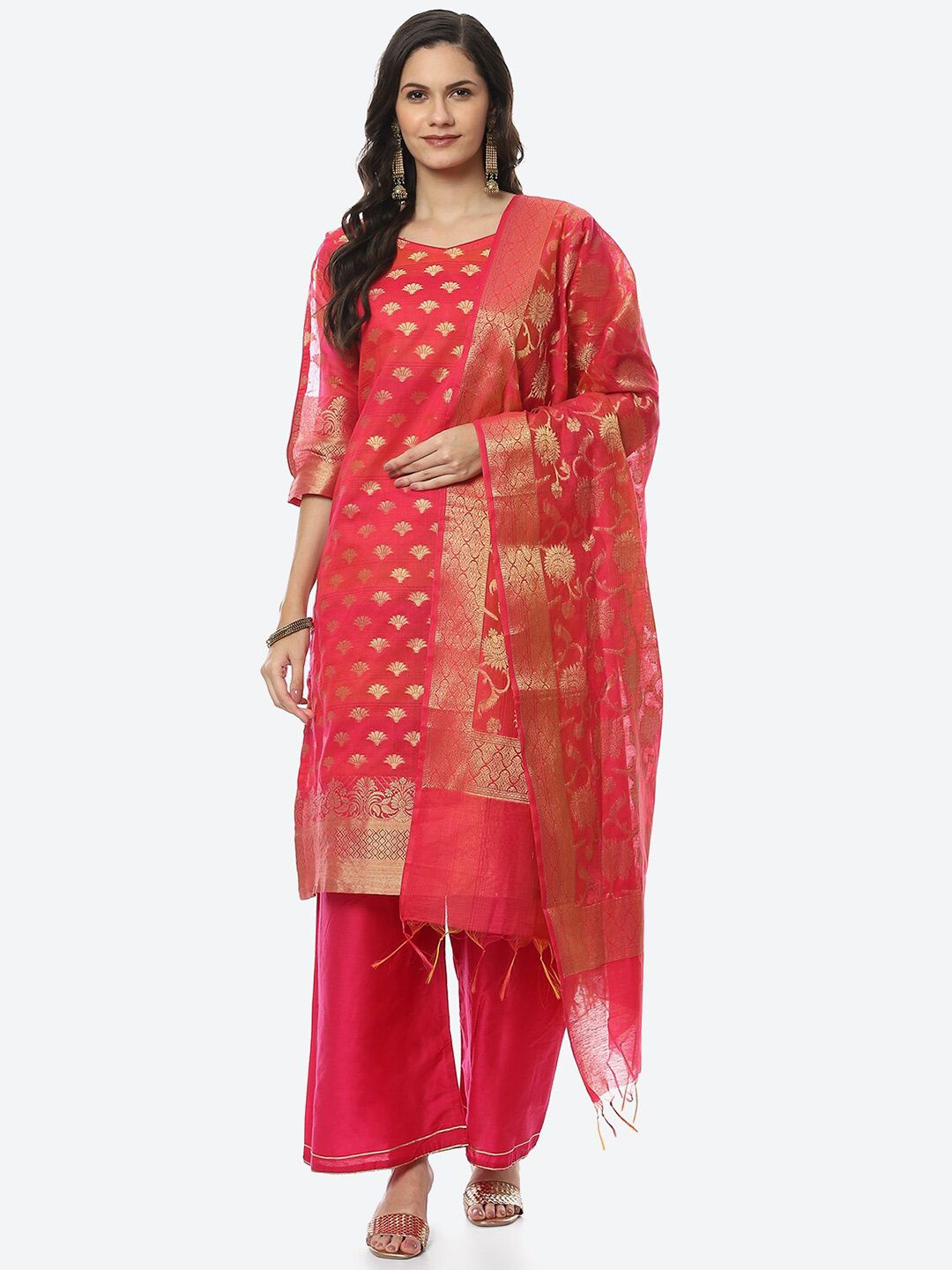 Biba Women Pink & Gold-Toned Unstitched Dress Material Price in India