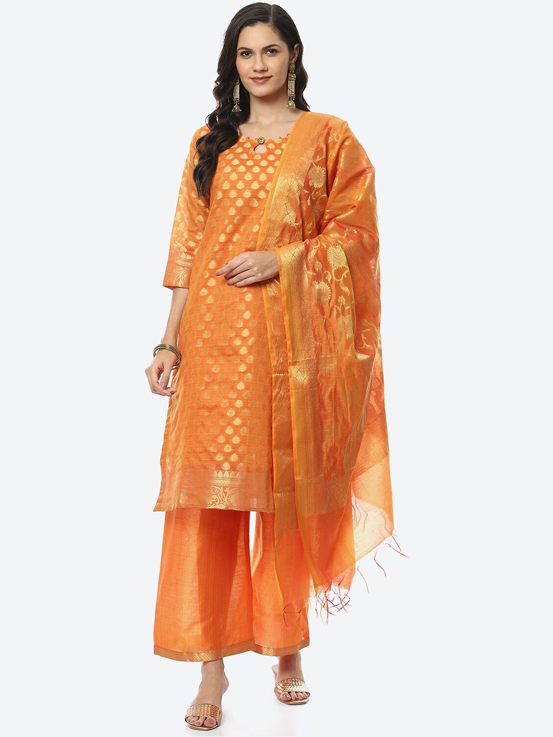 Biba Orange & Gold-Toned Unstitched Dress Material Price in India