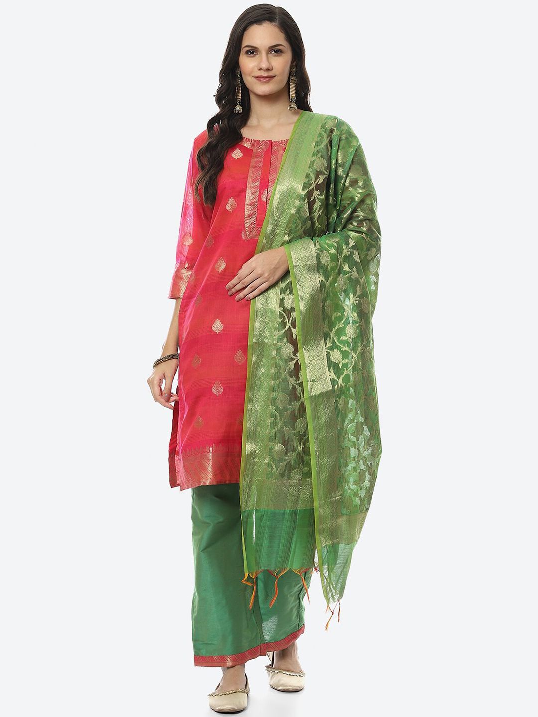 Biba Pink & Green Printed Unstitched Dress Material Price in India
