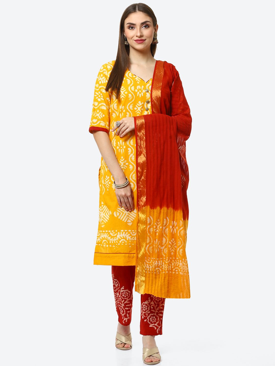 Biba Yellow & Orange Pure Cotton Unstitched Dress Material Price in India