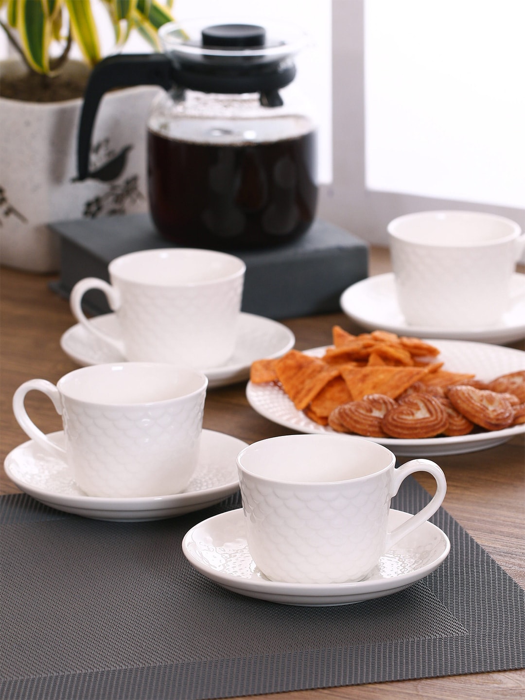 CLAY CRAFT White Set of 6 Textured Ceramic Glossy Cups and Saucers Price in India