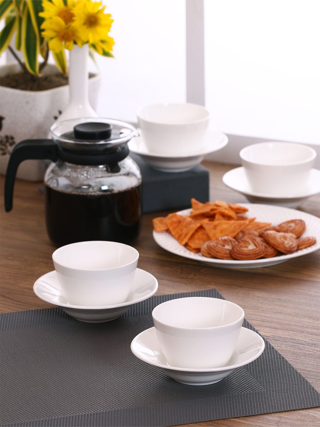 CLAY CRAFT White Solid Ceramic Glossy Cups and Saucers Set of 12  ( 6 Cups + 6 Saucers) Price in India