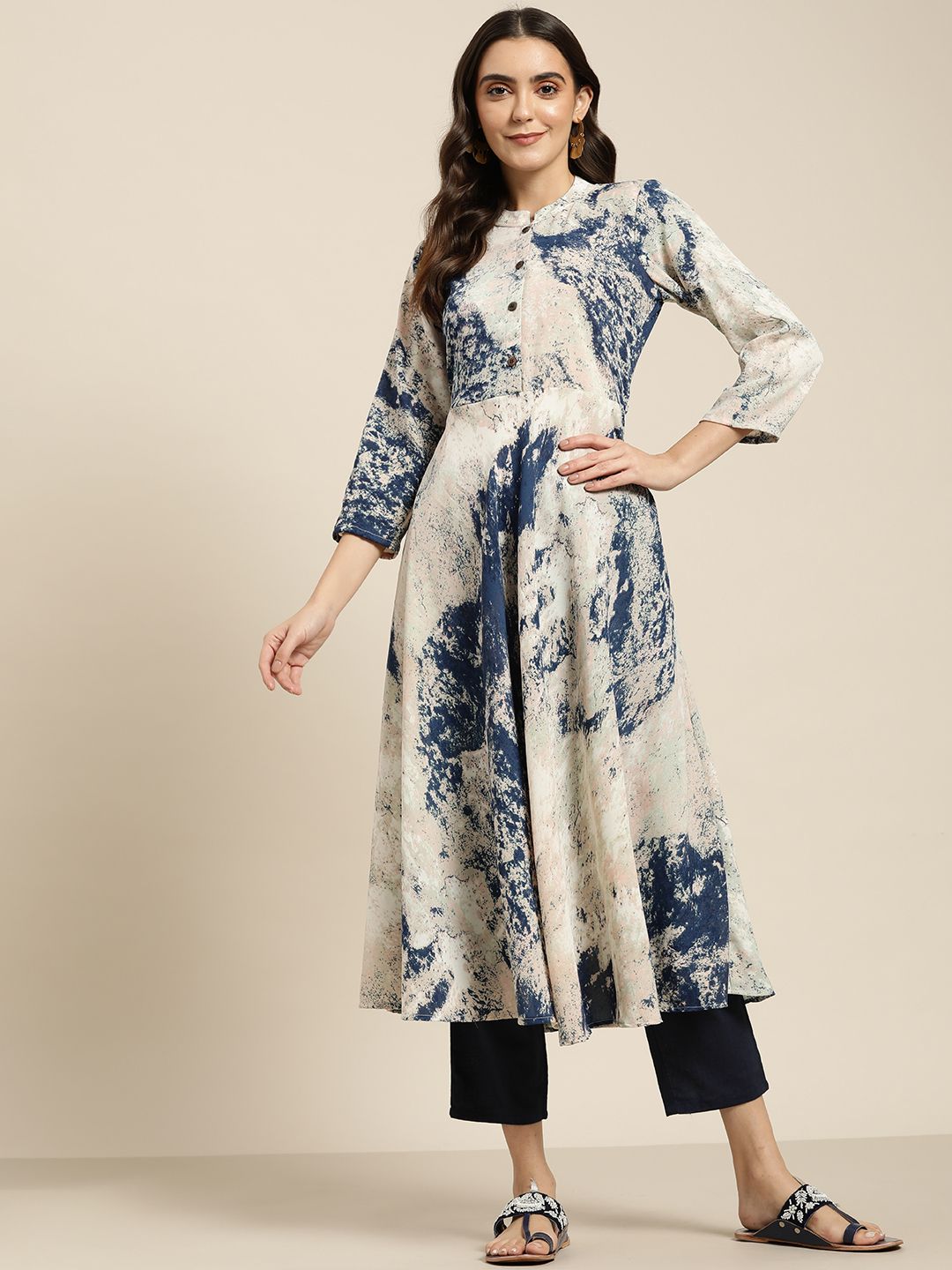 Jompers Women Navy Blue & Pink Printed Georgette Anarkali Kurta Price in India