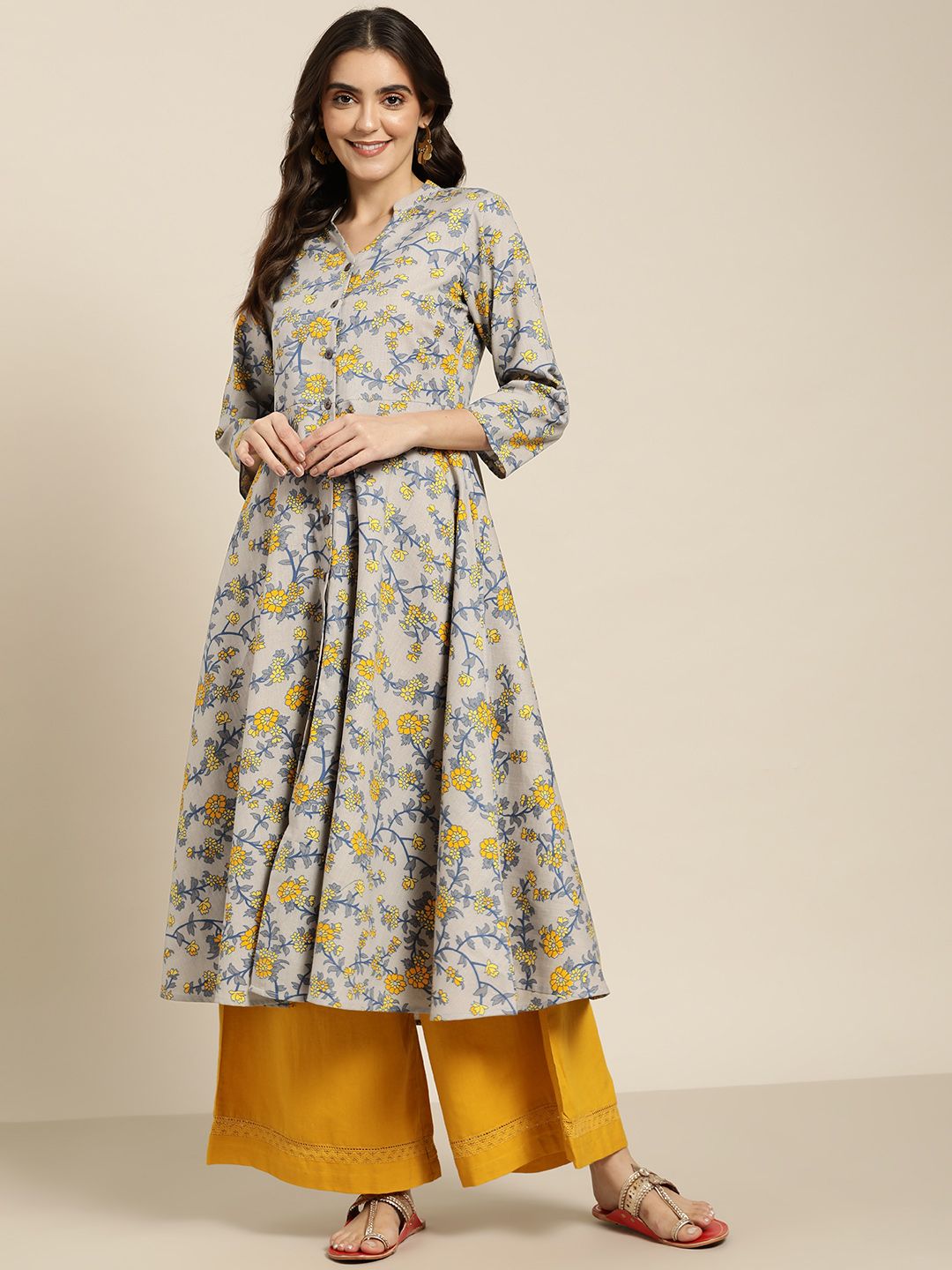 Jompers Women Grey & Yellow Ethnic Motifs Printed Anarkali Kurta Price in India