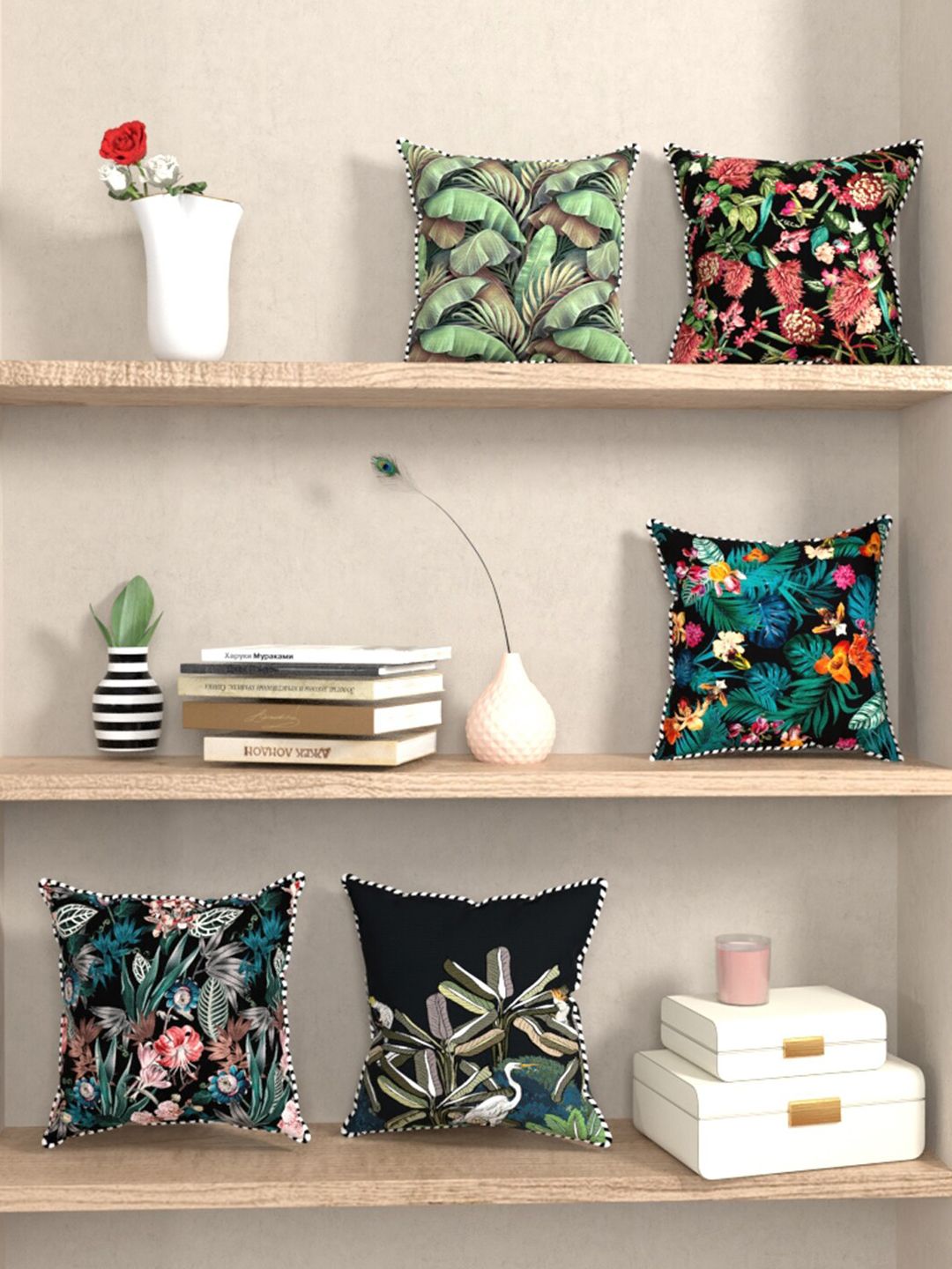 BIANCA Black & Green Set of 5 Floral Square Cushion Covers Price in India