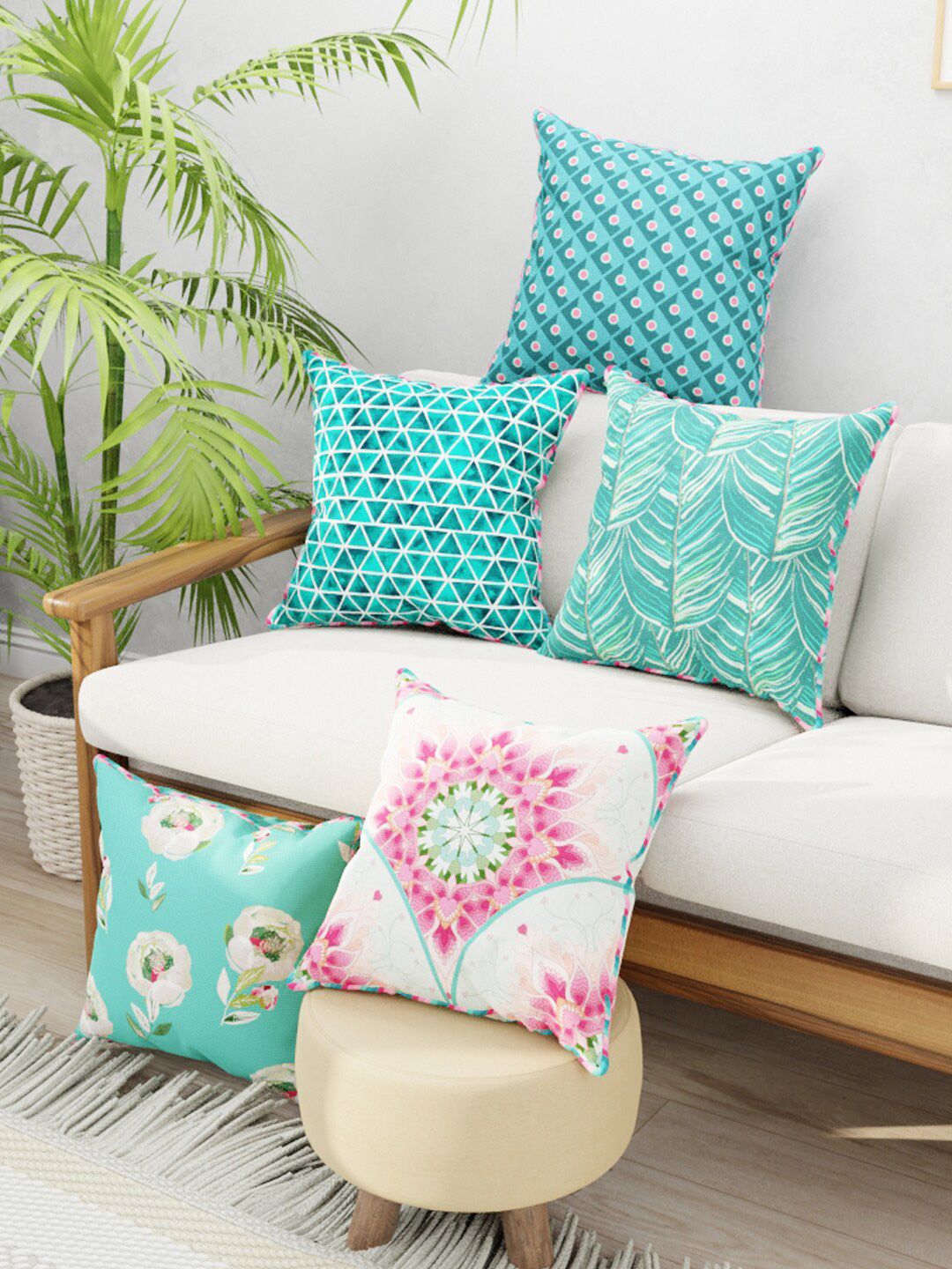 BIANCA Coral & Teal Set of 5 Floral Square Cushion Covers Price in India