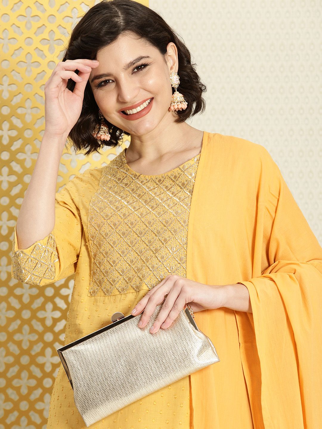 House of Pataudi Women Mustard Yellow Embroidered Jashn Kurta with Palazzos & Dupatta Price in India