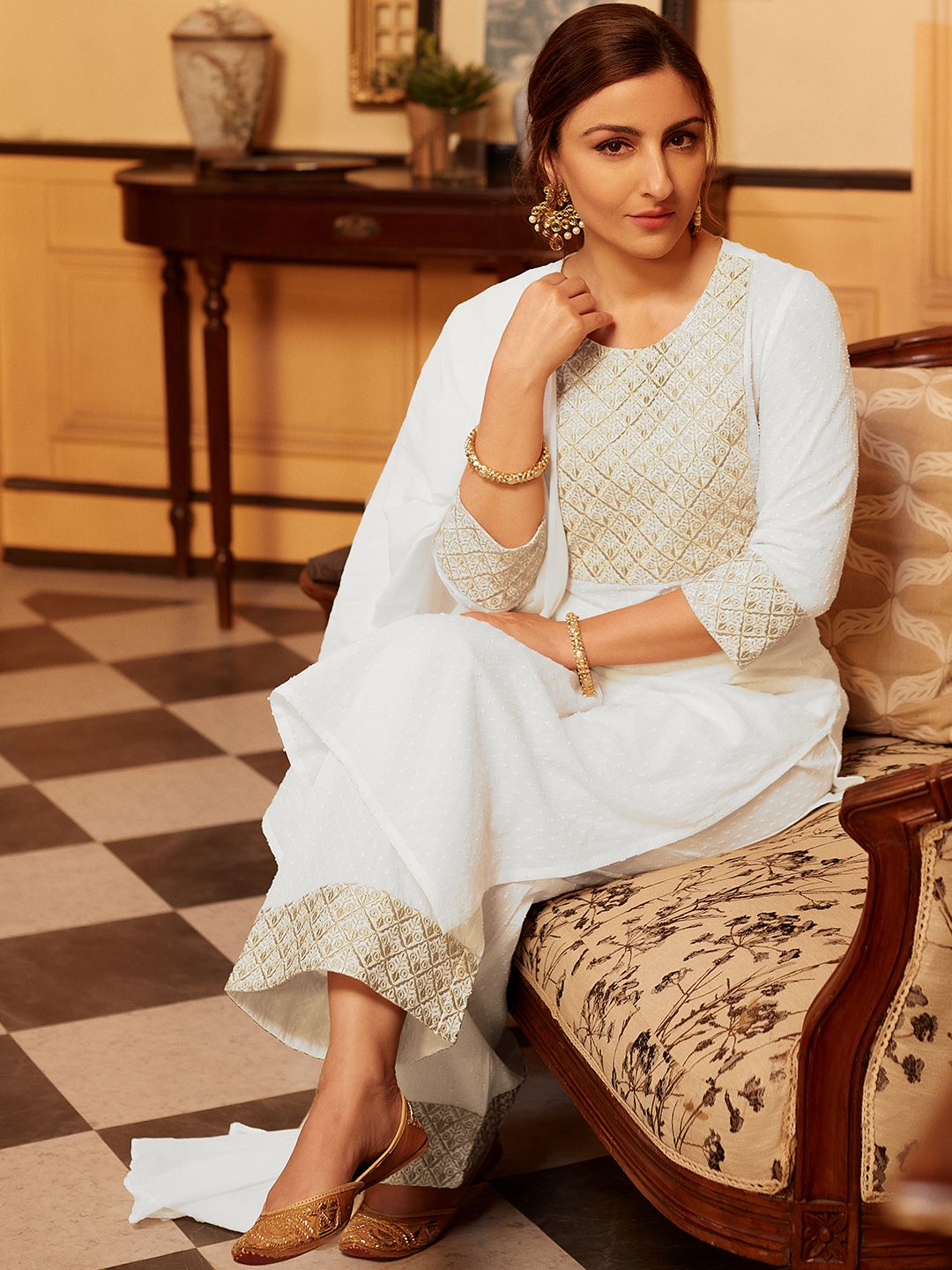 House of Pataudi Women White Embroidered Pure Cotton Jasn Kurta with Palazzos & Dupatta Price in India