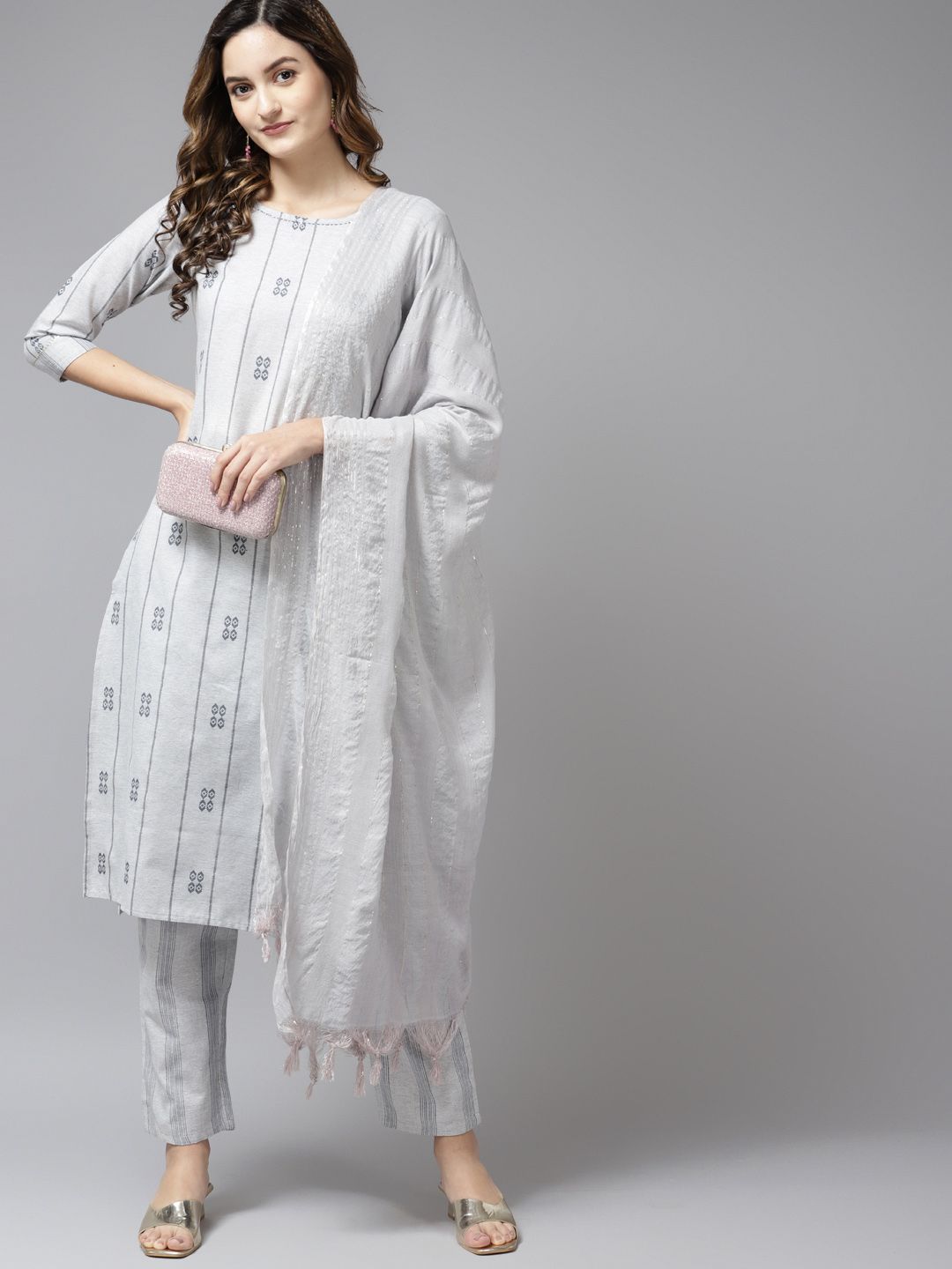 Yufta Women Grey Kantha Work Pure Cotton Kurta with Trousers & With Dupatta Price in India