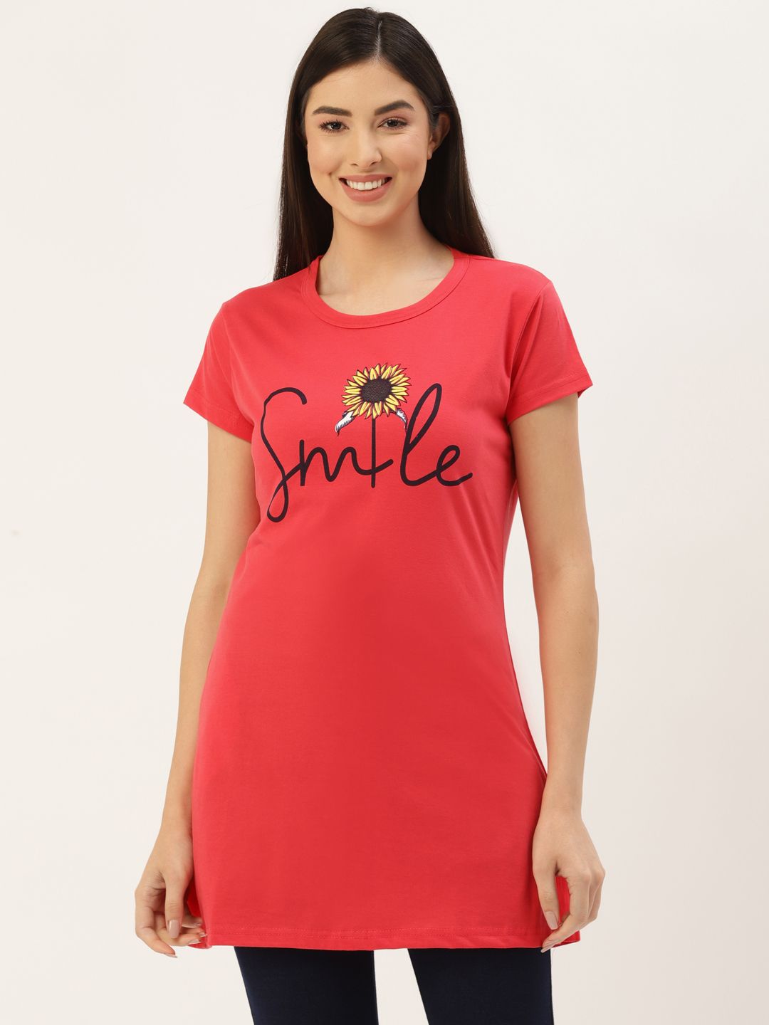 BROOWL Women Coral & Black Typography Print Pure Cotton Lounge T-shirt Price in India