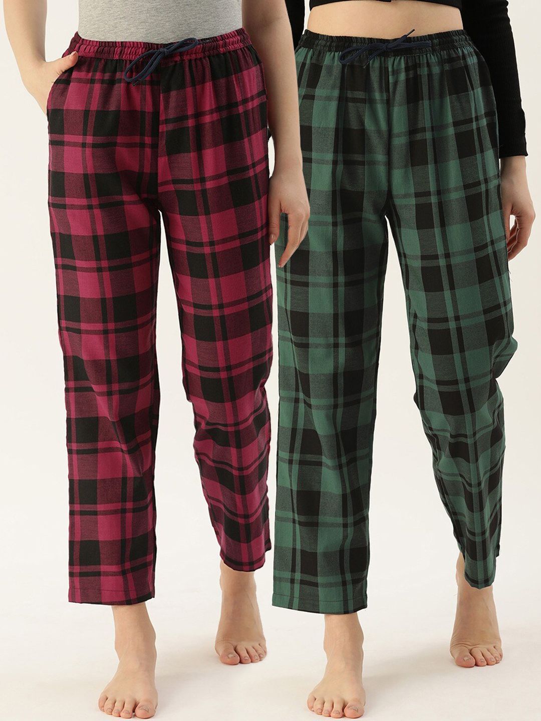 Kryptic Women Pack Of 2 Maroon & Green Checked Cotton Lounge Pants Price in India