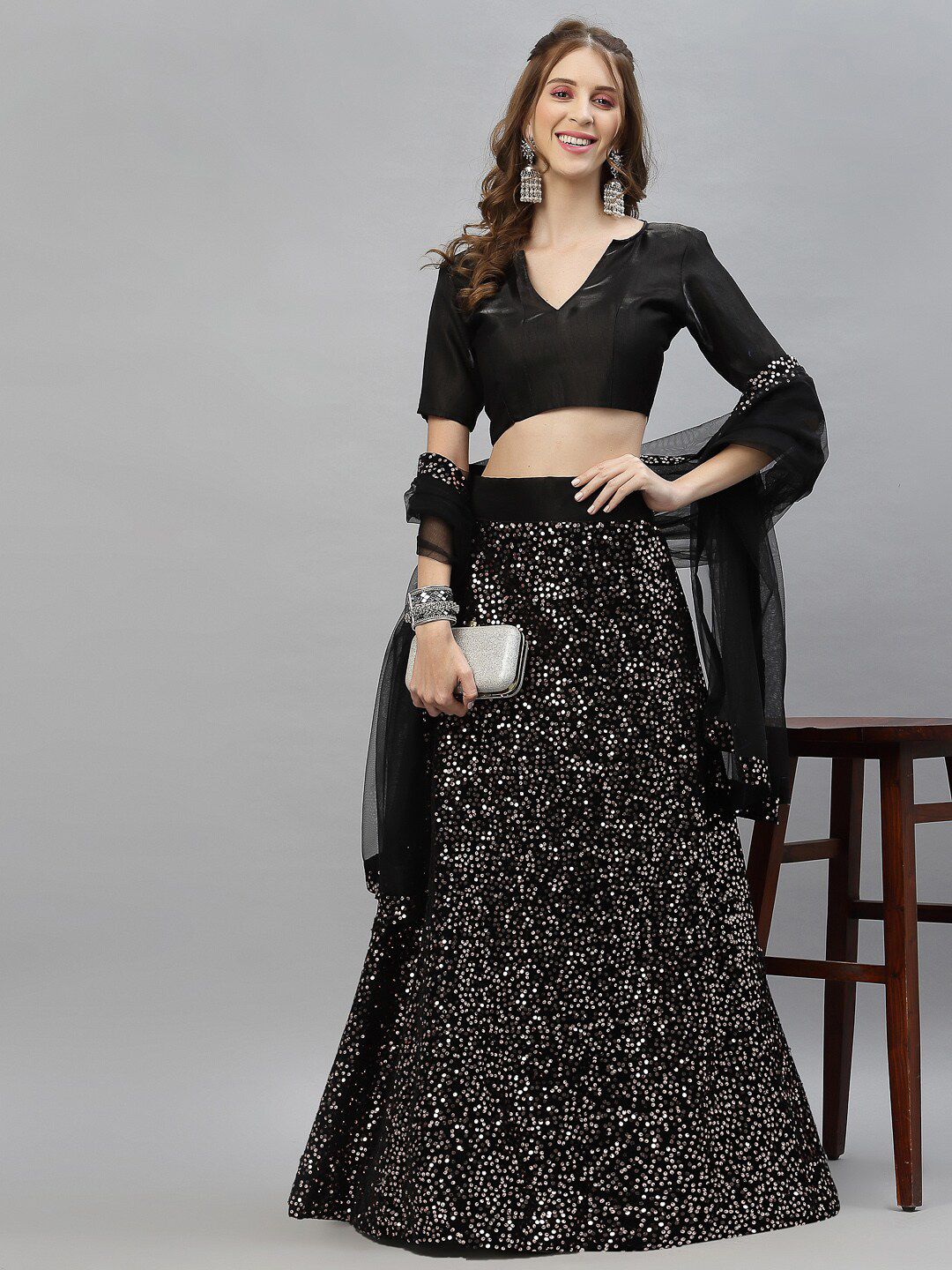 Satrani Black & Silver Sequinned Semi-Stitched Lehenga & Unstitched Blouse With Dupatta Price in India