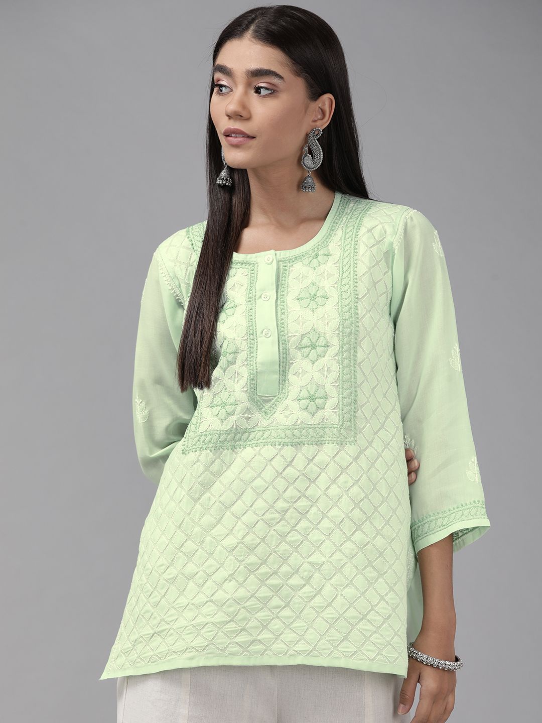 ADA Green & White Ethnic Motifs Embroidered Chikankari Kurti