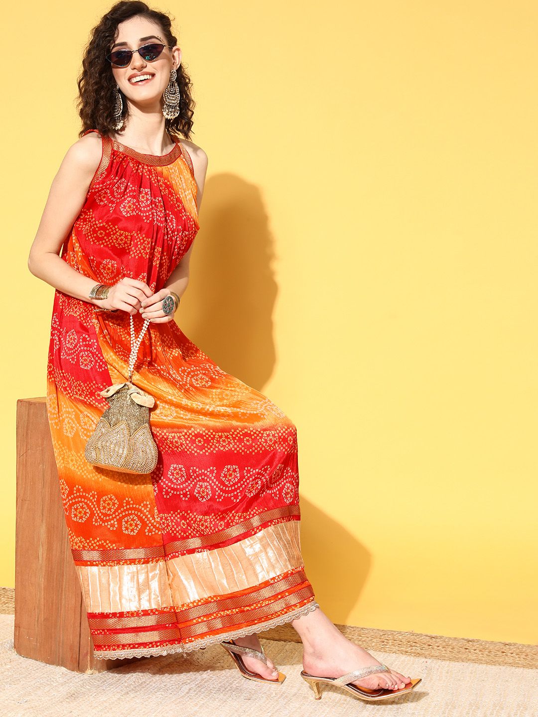 Rang Gali Orange & Red Ethnic Motifs Crepe Ethnic A-Line Maxi Dress Price in India