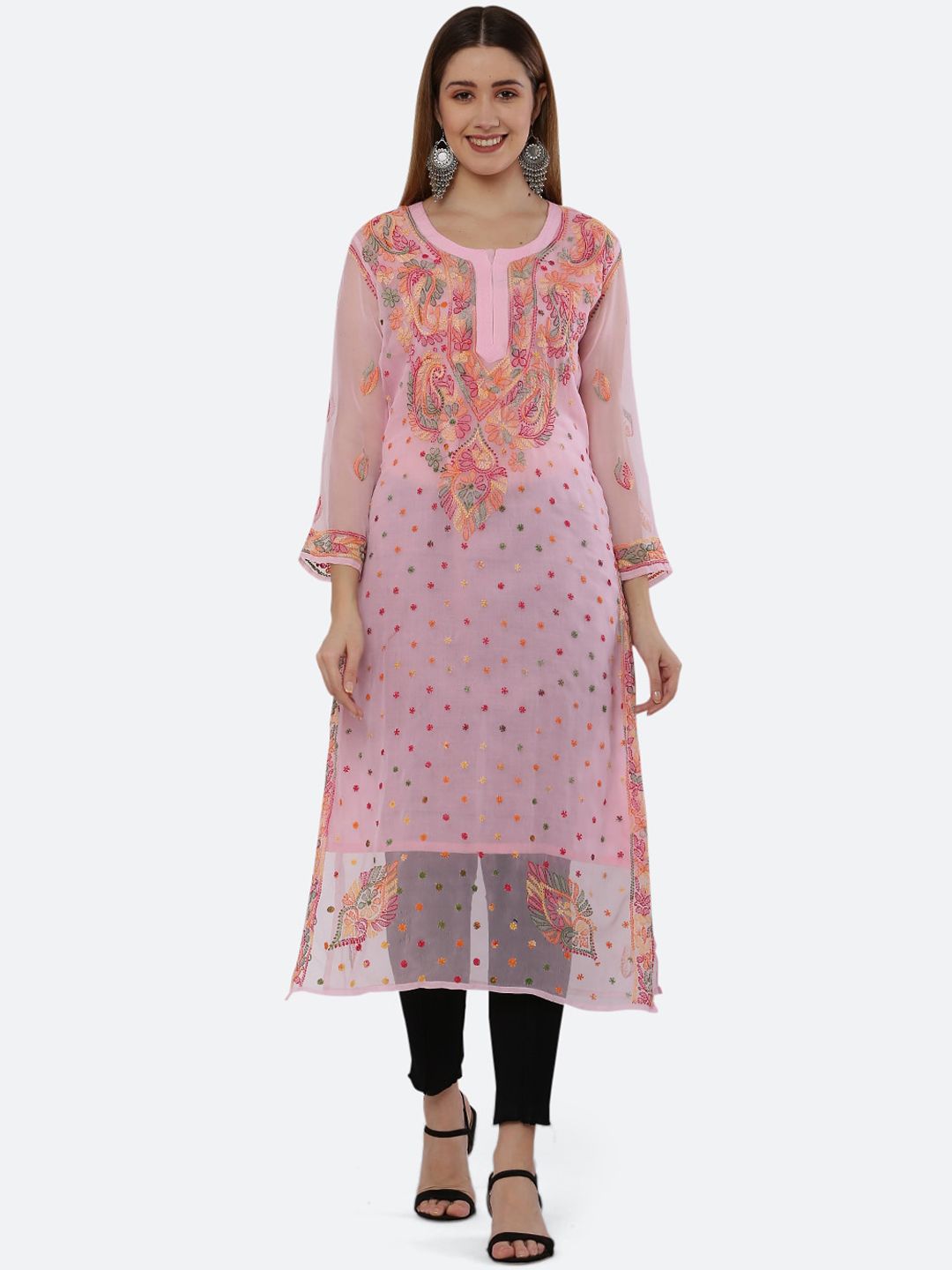 FAWOMENT Women Pink Ethnic Motifs Embroidered Chikankari Georgette Kurta Price in India