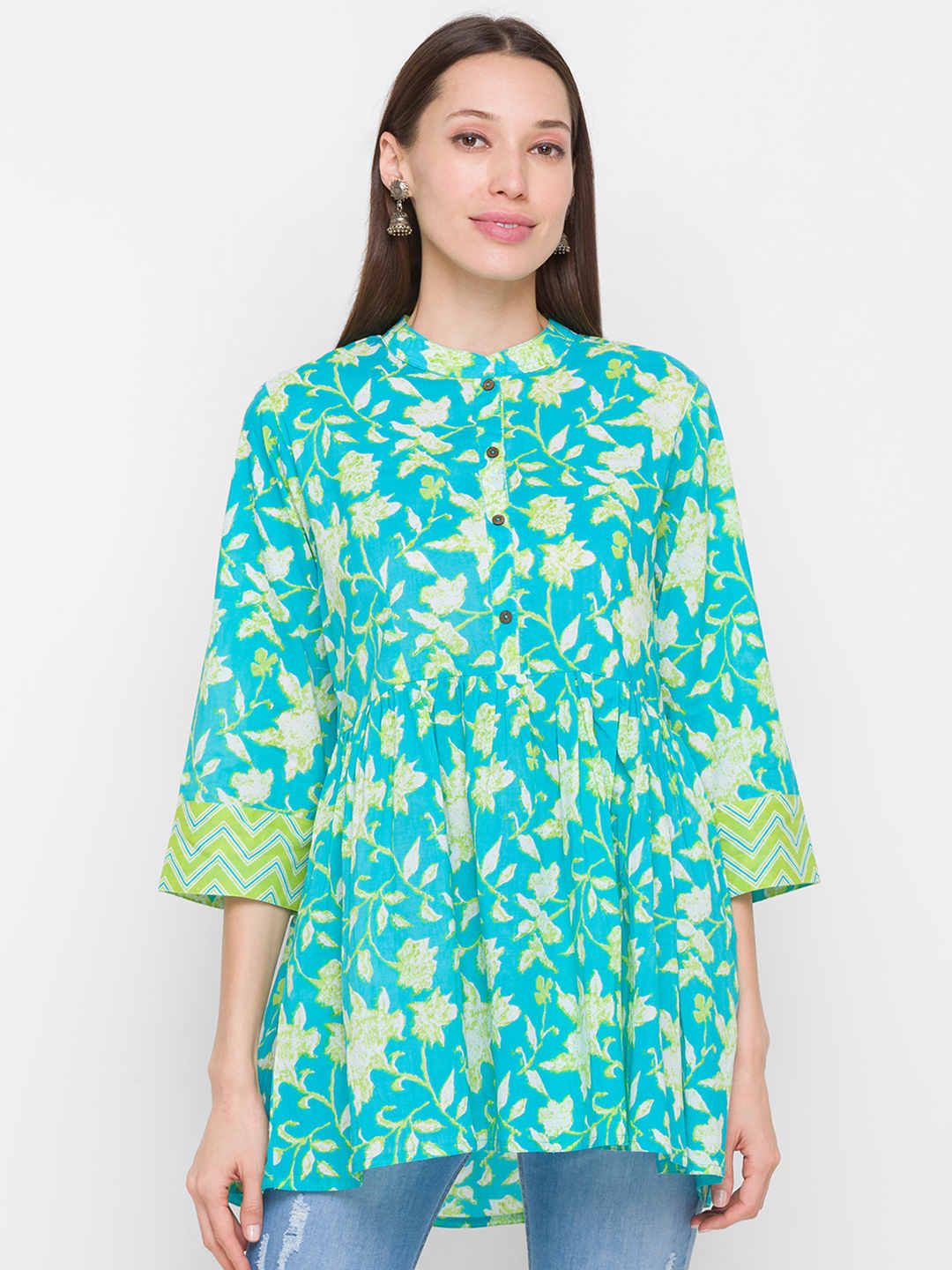 ZOLA Women Blue & Yellow Mandarin Collar Printed Cotton Tunic Price in India