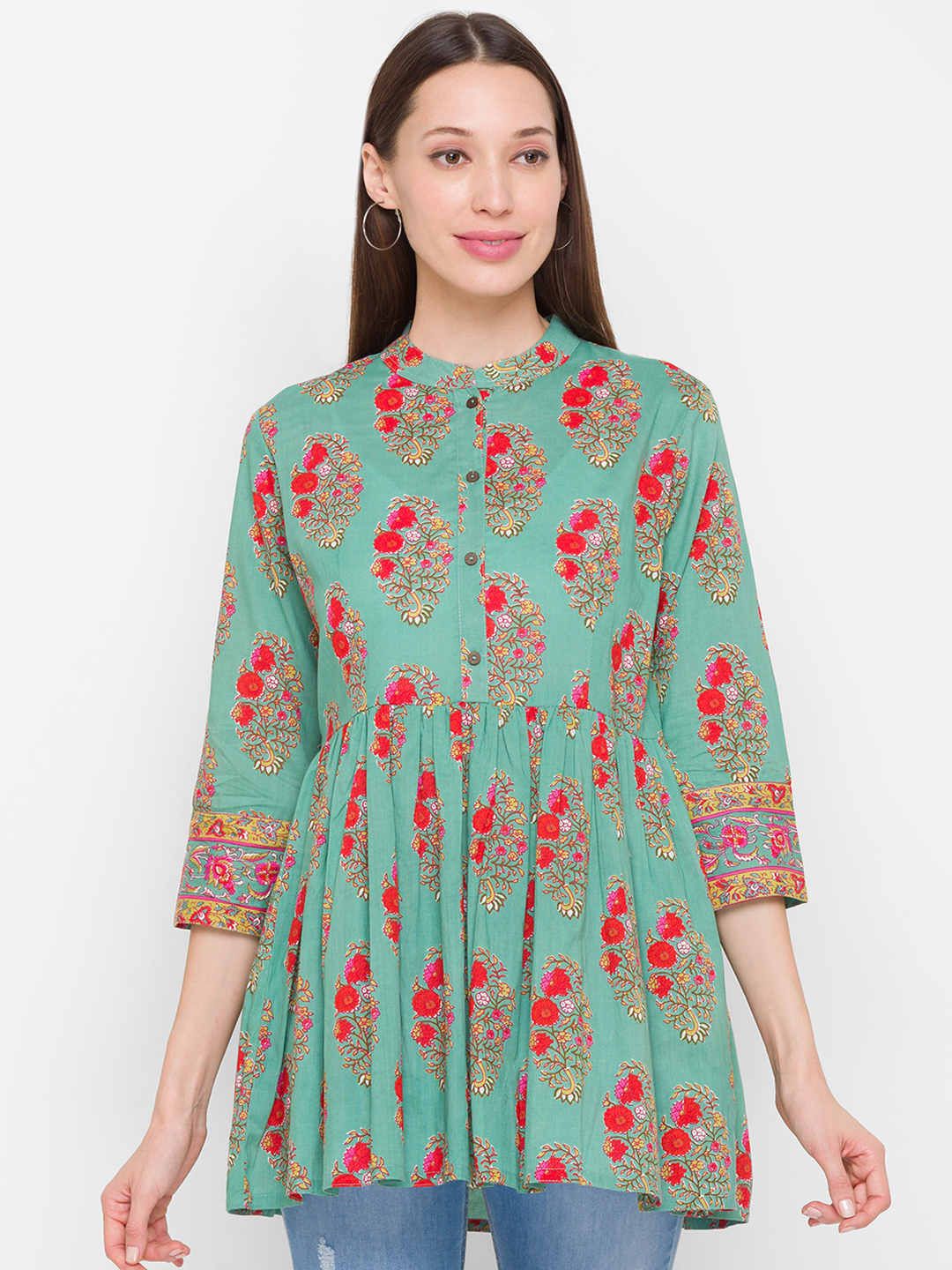 ZOLA Green & Red Ethnic Motifs Printed Cotton Tunic Price in India