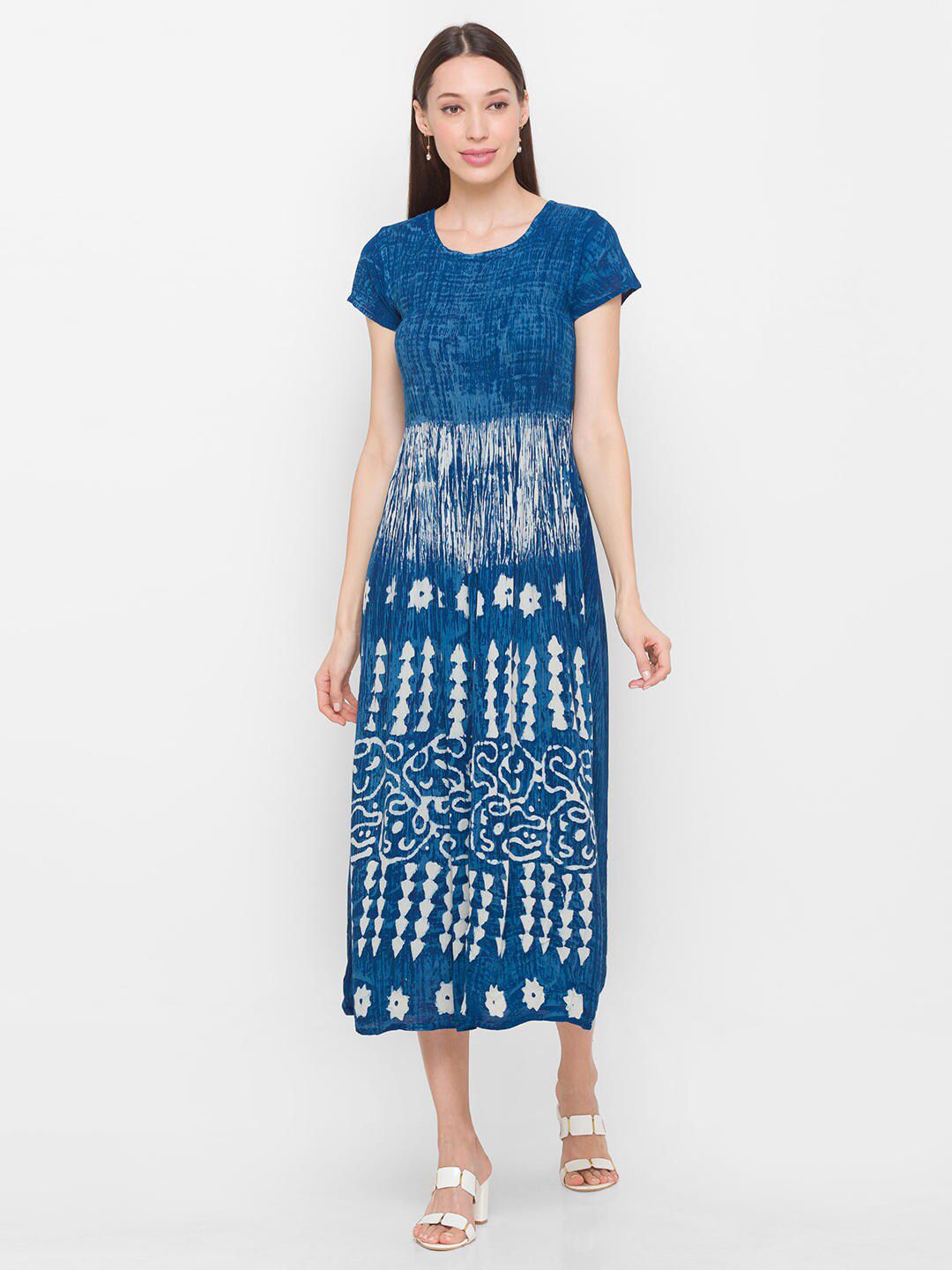 ZOLA Women Teal Blue Abstract Printed A-Line Midi Dress Price in India