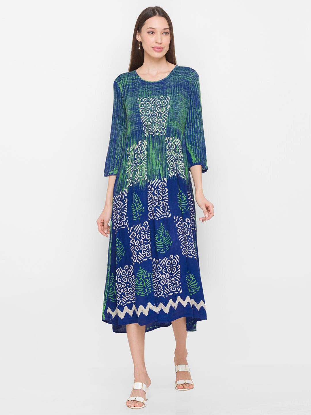 ZOLA Blue & Green Ethnic Motifs Printed A-Line Midi Dress Price in India