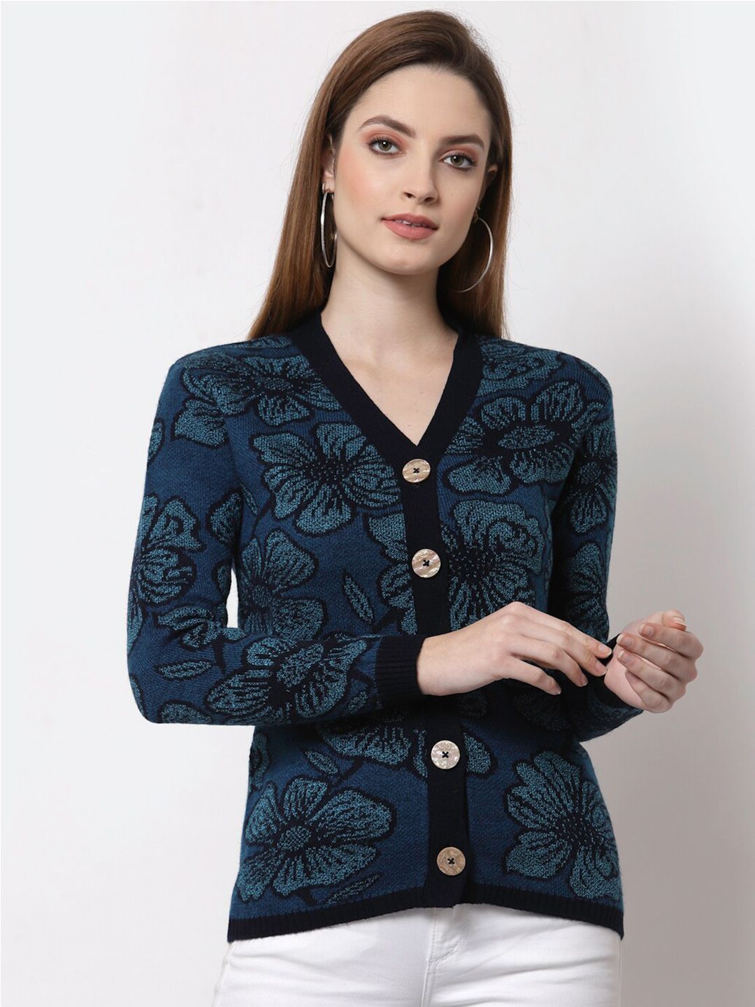 Kalt Women Navy Blue & Black Floral Cardigan Price in India