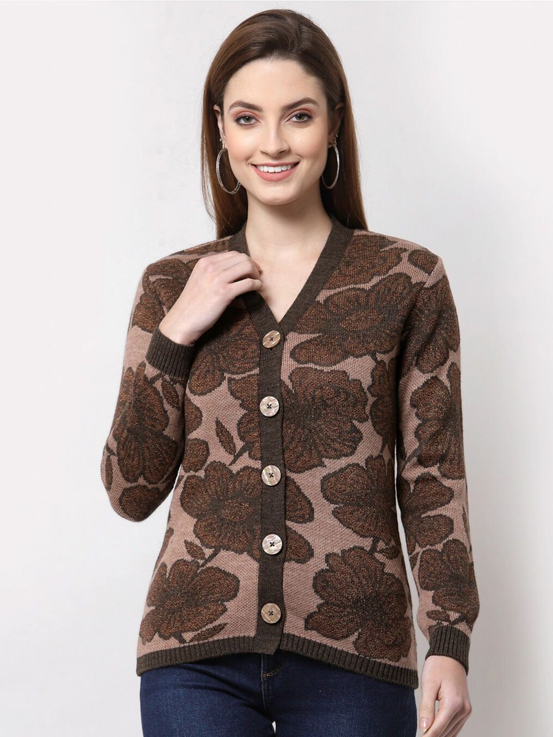 Kalt Women Coffee Brown & Peach-Coloured Floral Acrylic Cardigan Price in India