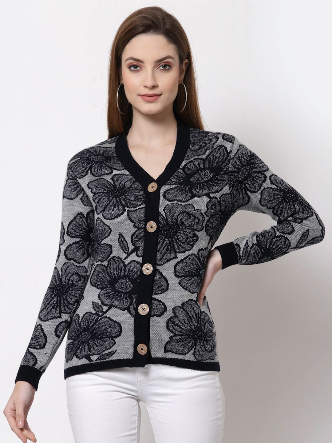 Kalt Women Grey Melange & Black Floral Self Design Woollen Acrylic Cardigan Price in India