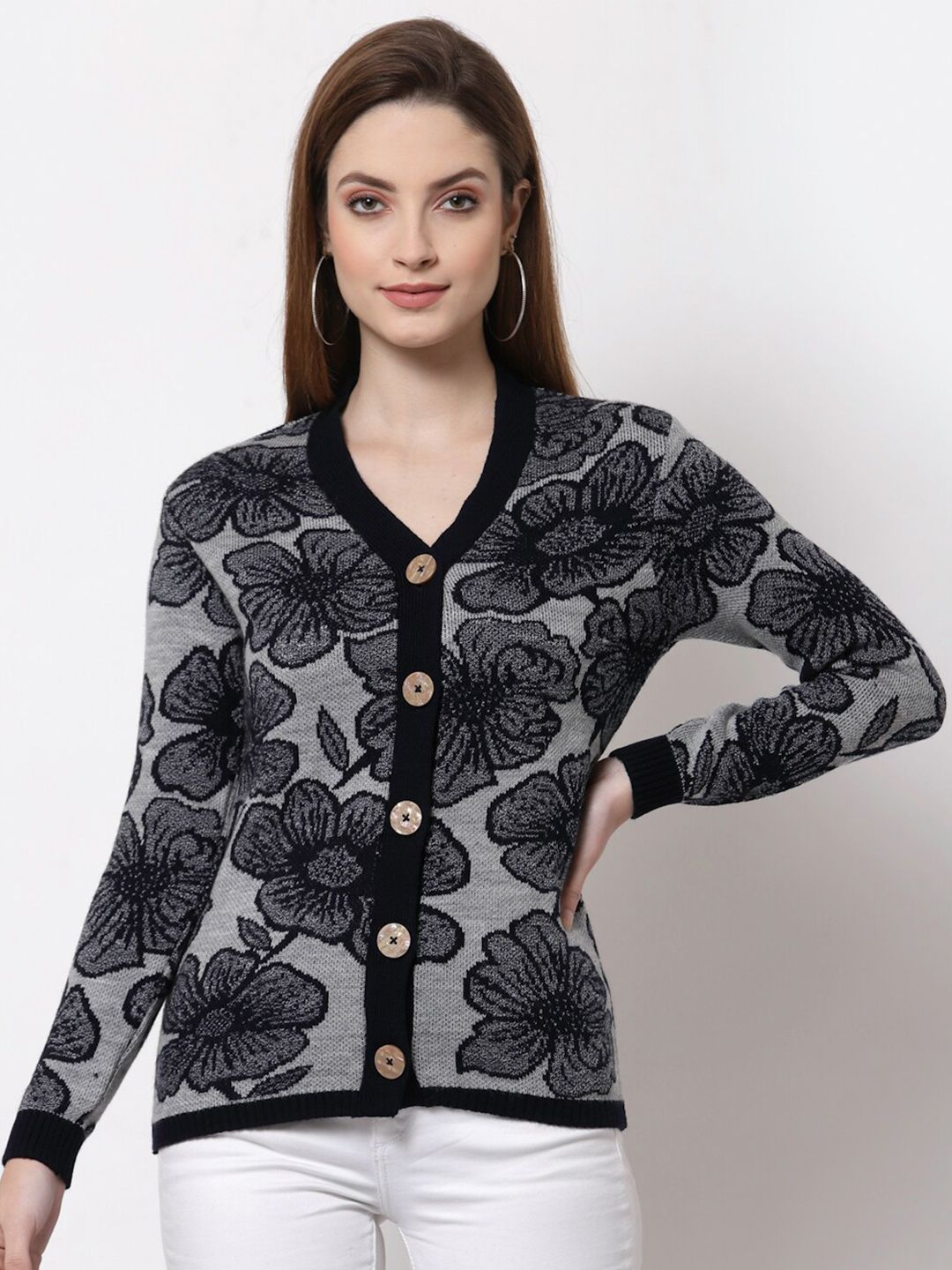 Kalt Women Grey & Black Floral Printed Cardigan Sweater Price in India